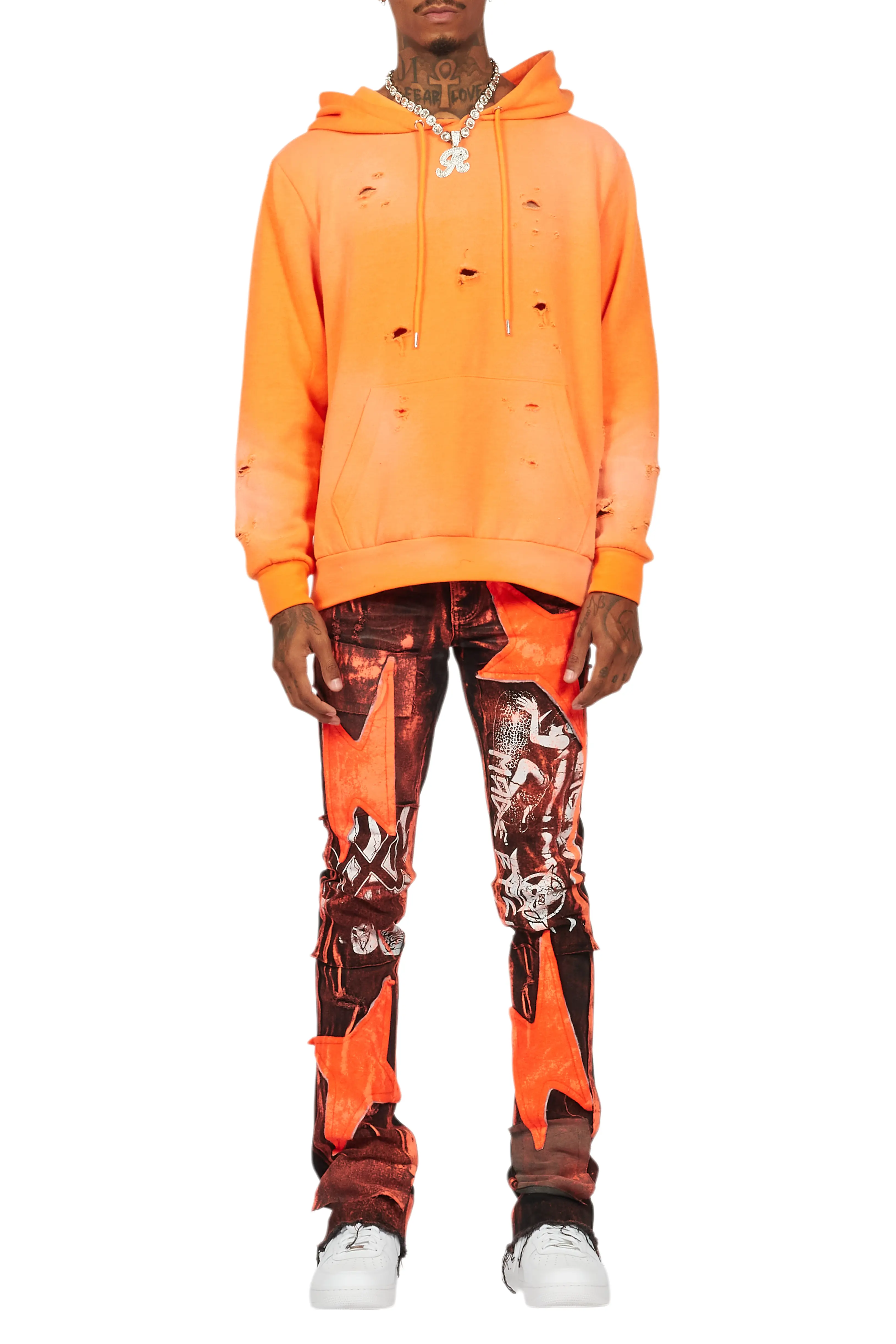 Valko Black/Orange Roller Paint Stacked Flare Jean - Image 10