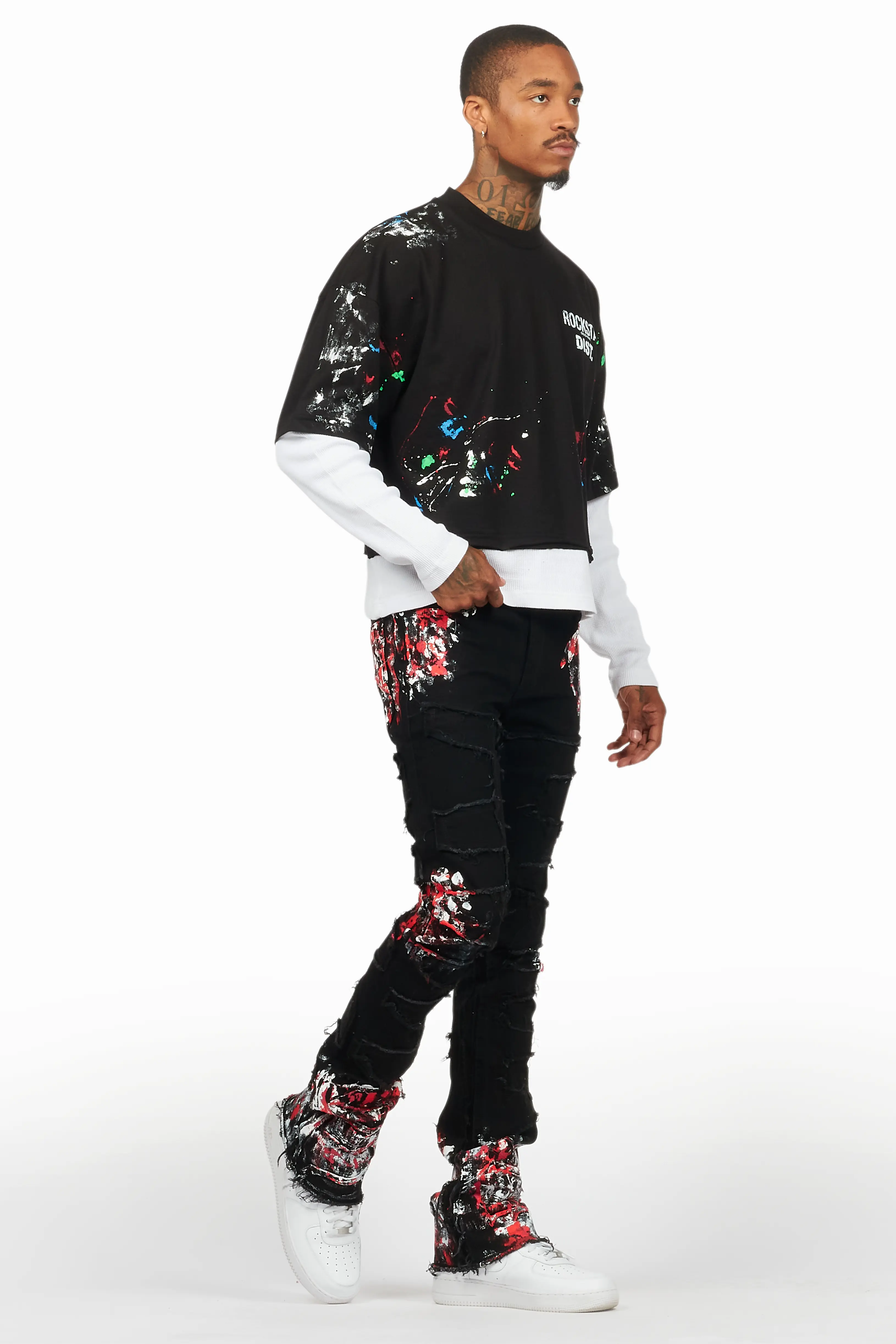 Kodak Black/Red Painter Stacked Flare Fringe Jean - Image 7