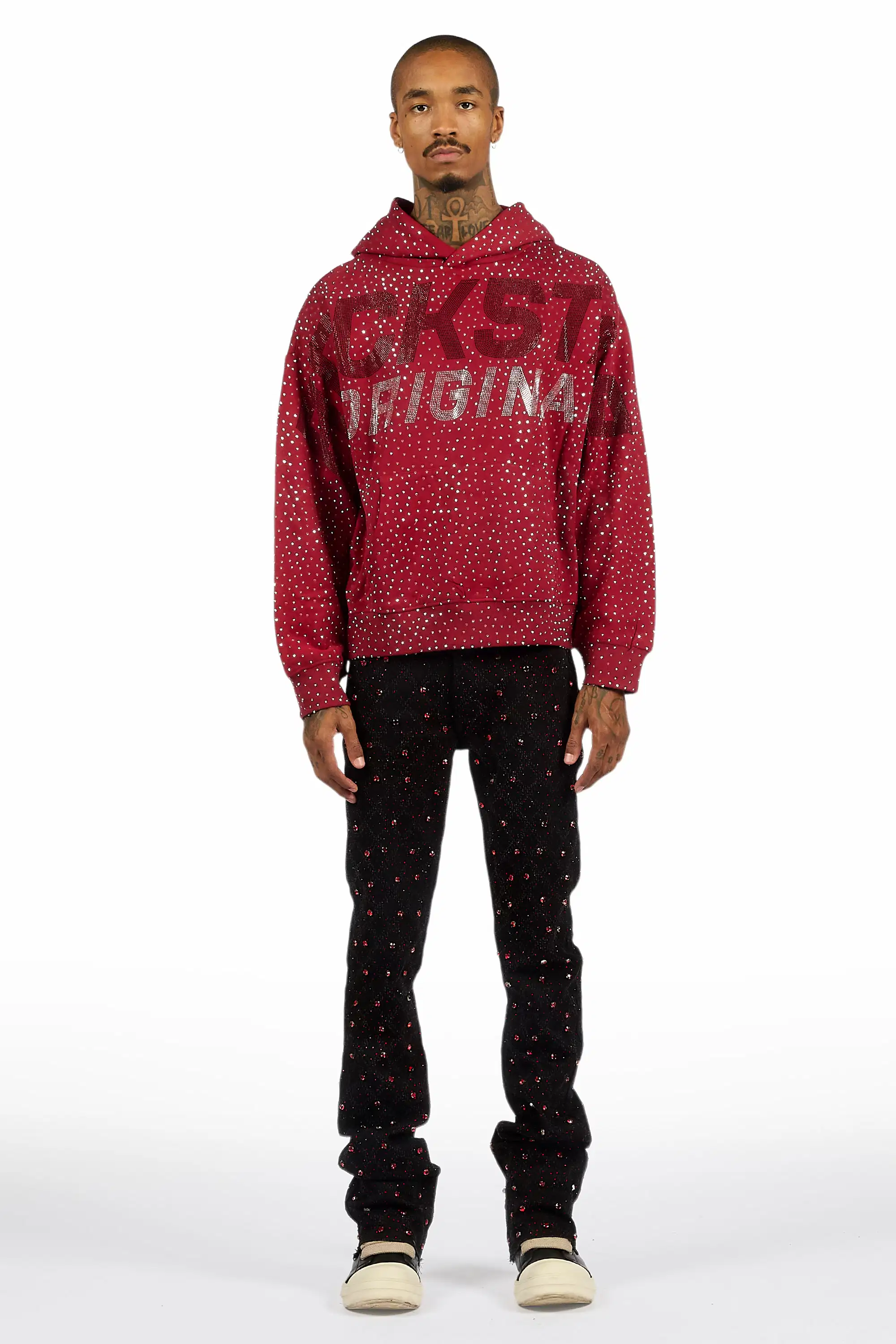 Glit Black/Red Rhinestone Stacked Flare Jean - Image 4