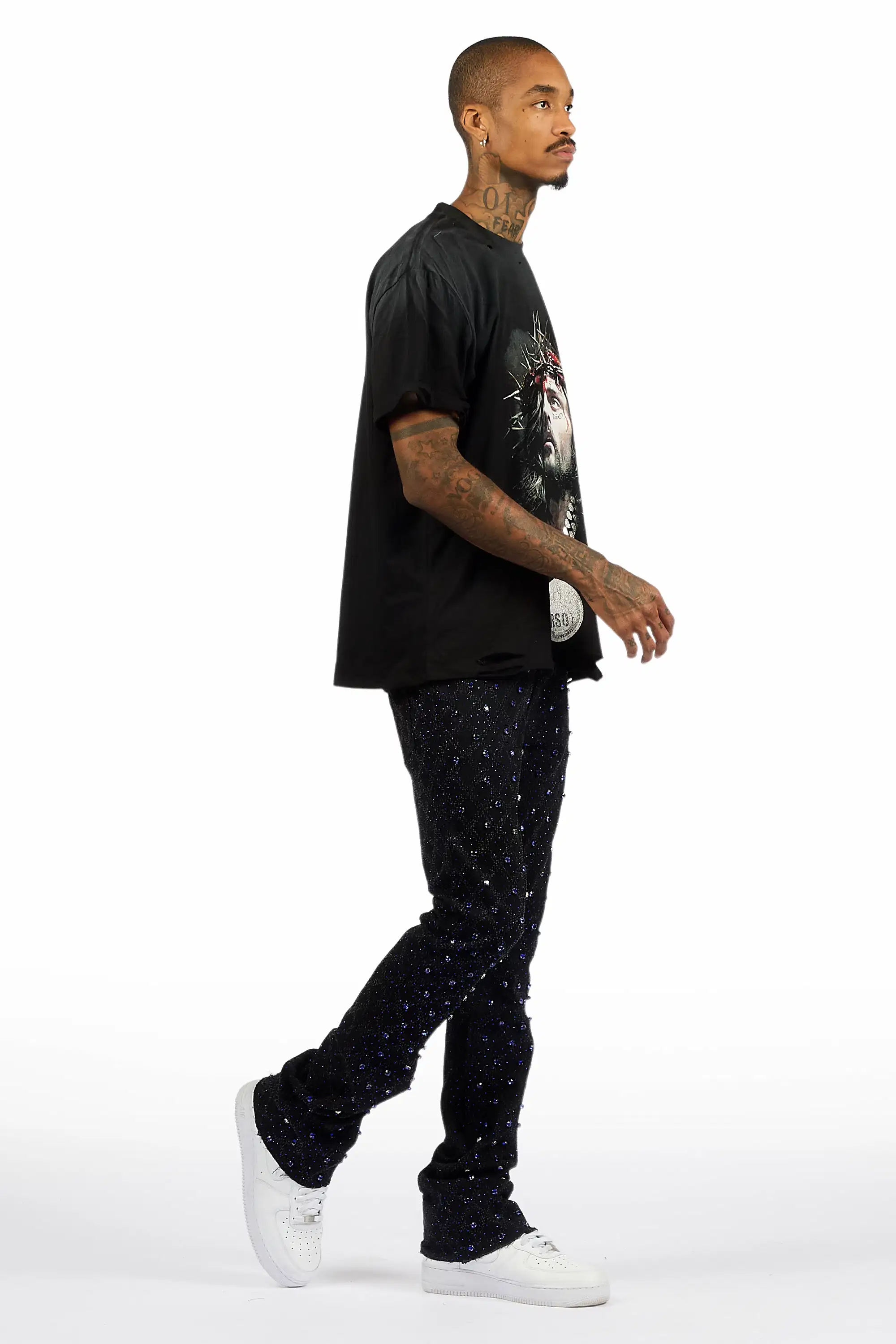 Glit Black/Royal Rhinestone Stacked Flare Jean - Image 4