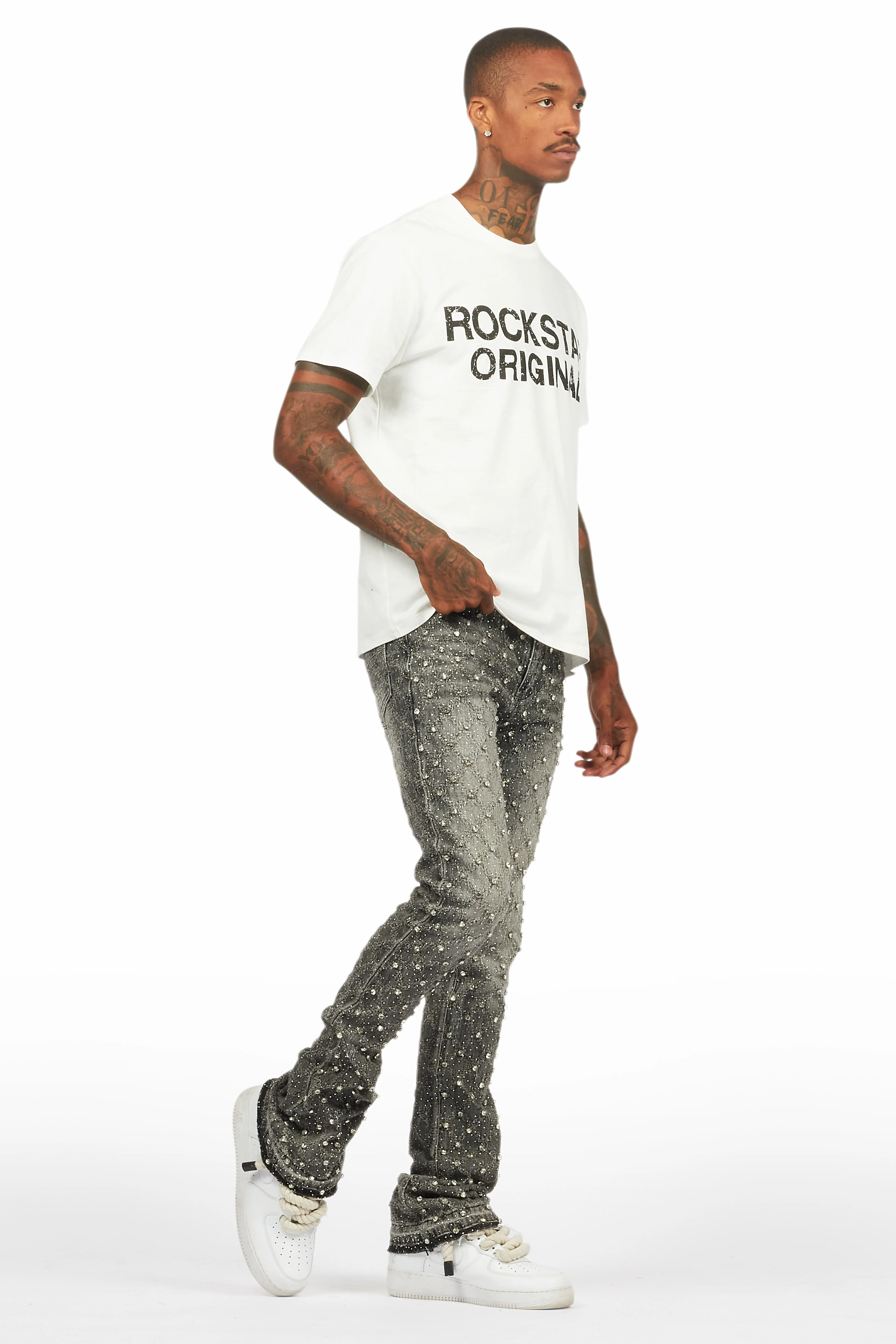 Glit Grey Rhinestone Stacked Flare Jean - Image 10