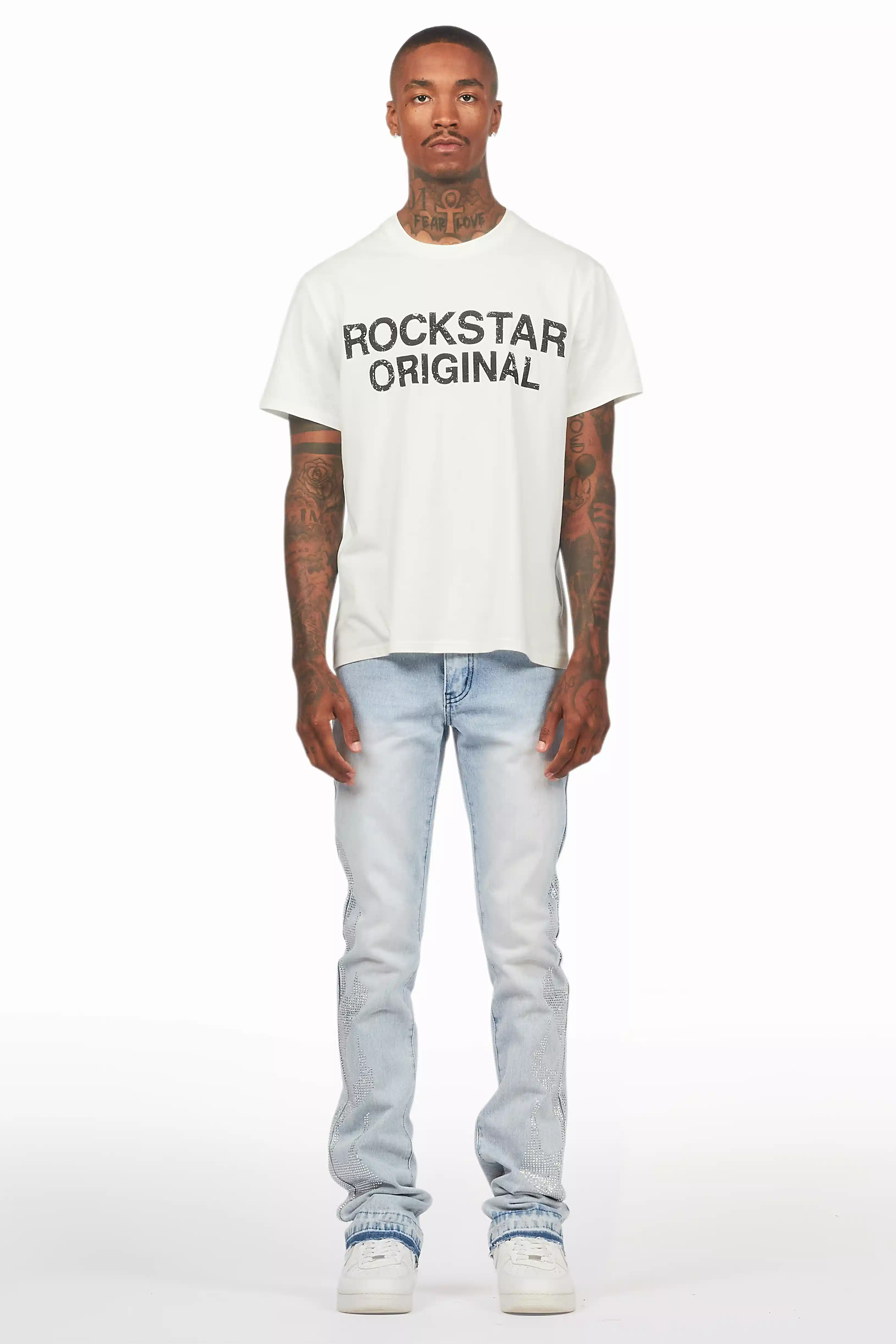 Jian Light Blue Rhinestone Stacked Flare Jean - Image 3