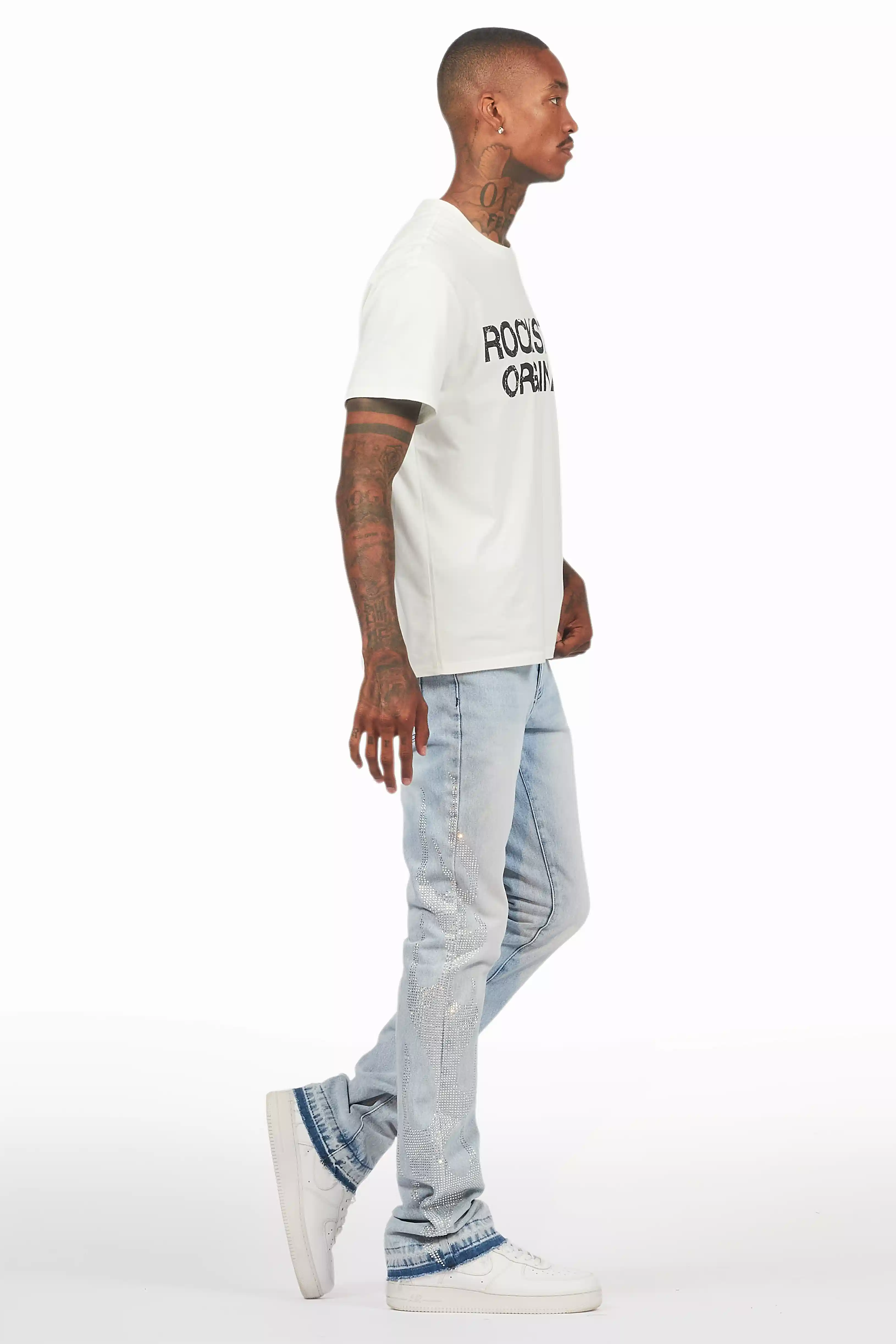 Jian Light Blue Rhinestone Stacked Flare Jean - Image 4