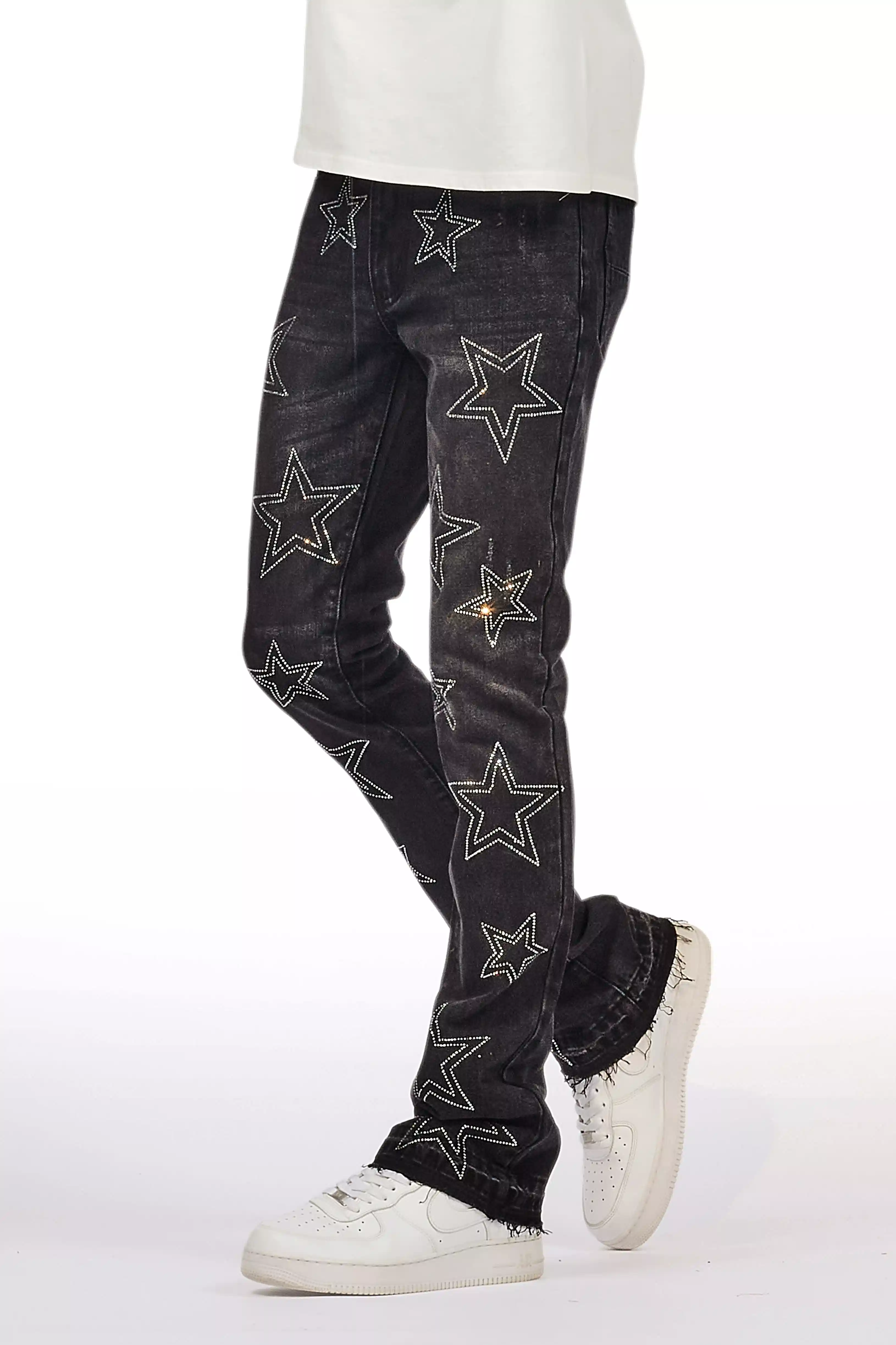 Kama Dark Grey Rhinestone Stacked Flare Jean