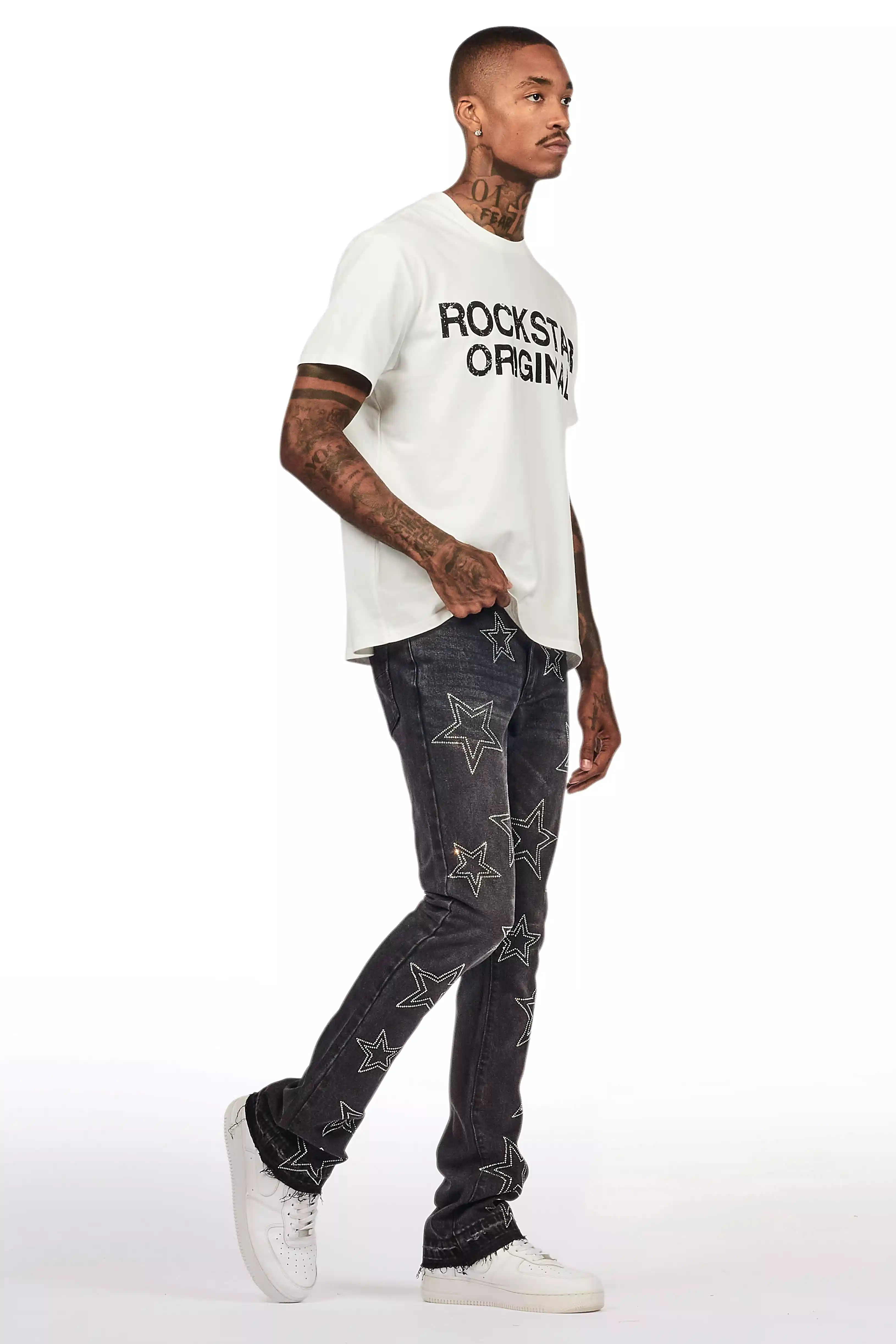 Kama Dark Grey Rhinestone Stacked Flare Jean - Image 7