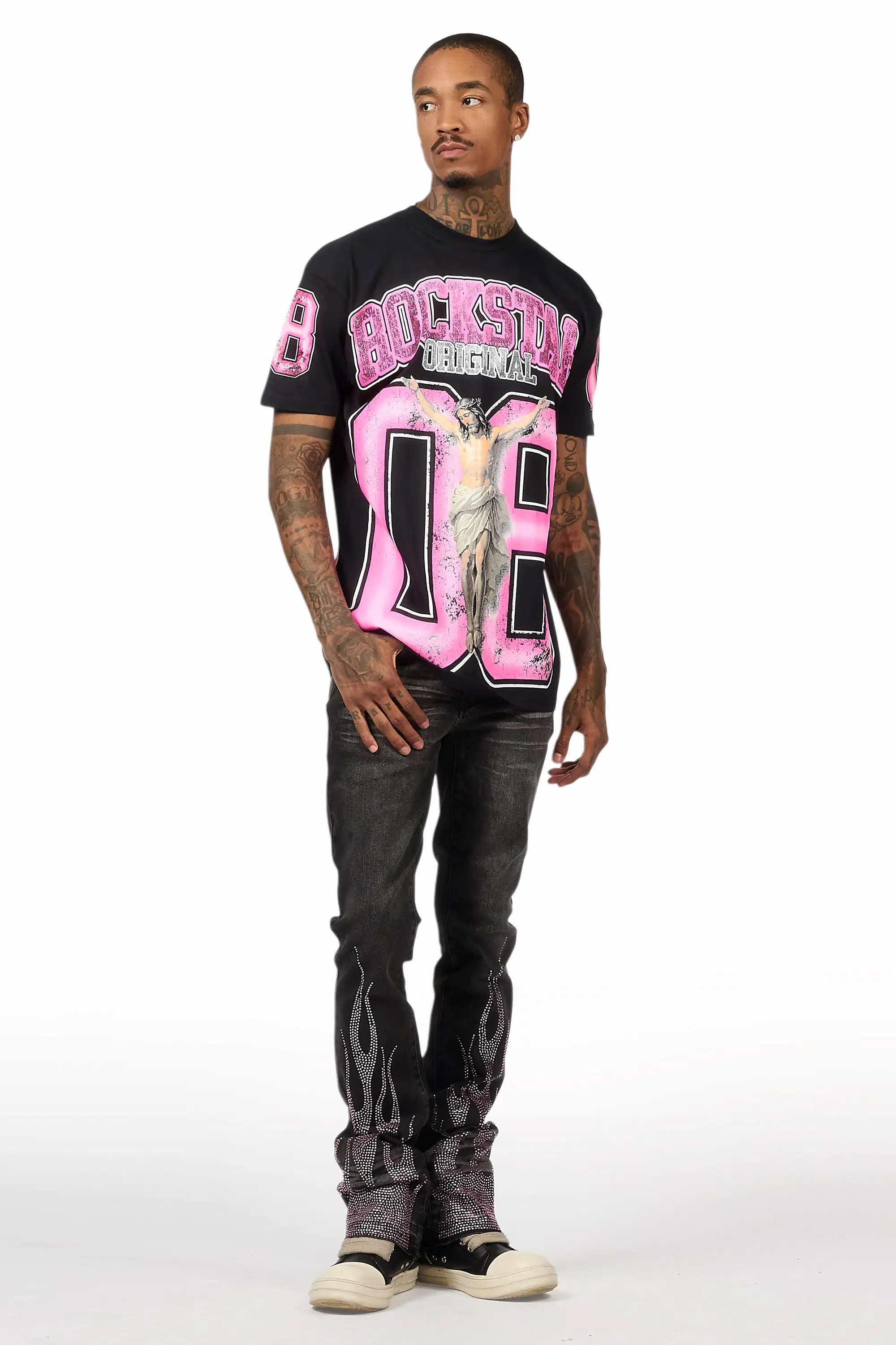 Samba Dark Grey/Pink Rhinestone Stacked Flare Jean - Image 3