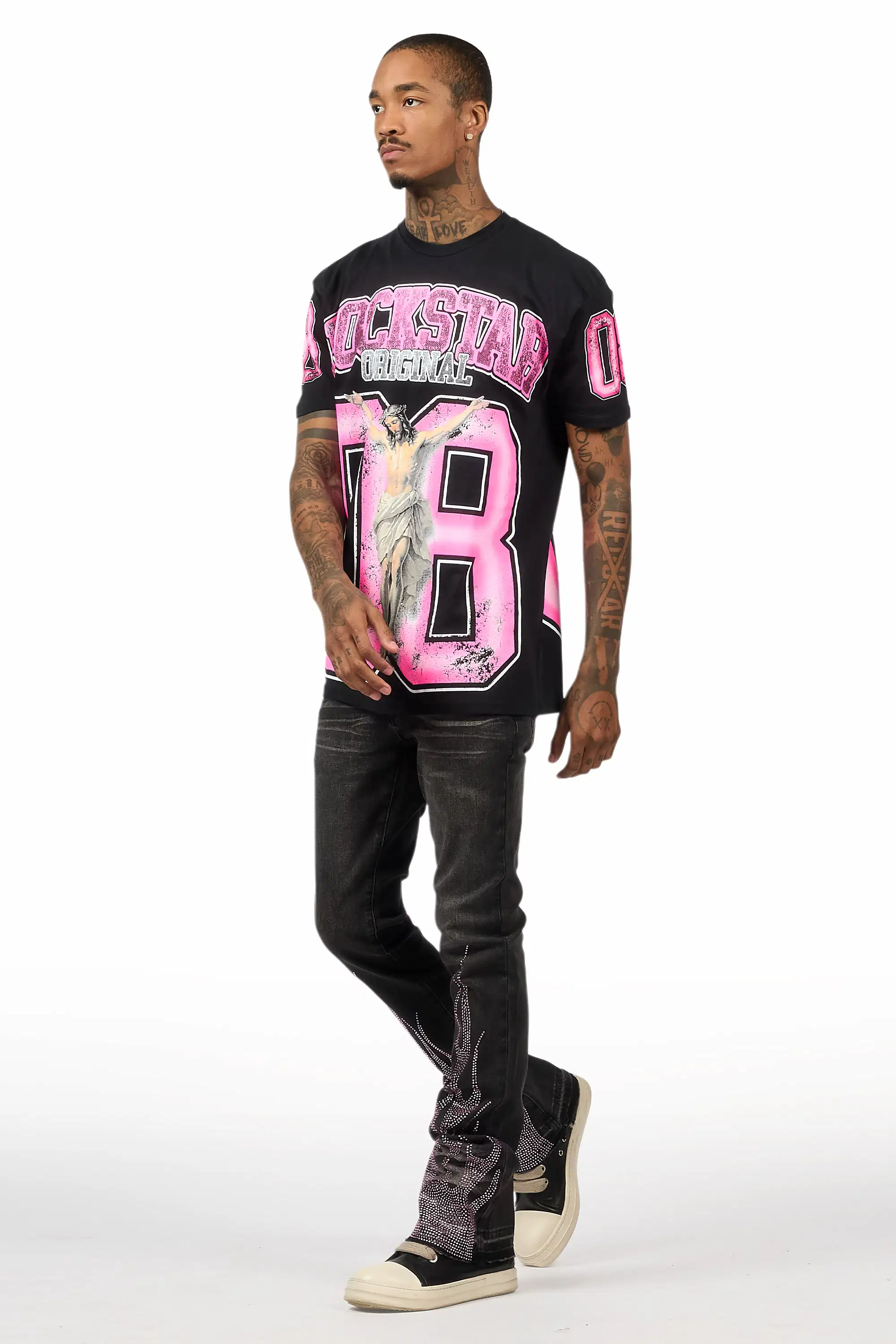 Samba Dark Grey/Pink Rhinestone Stacked Flare Jean - Image 9