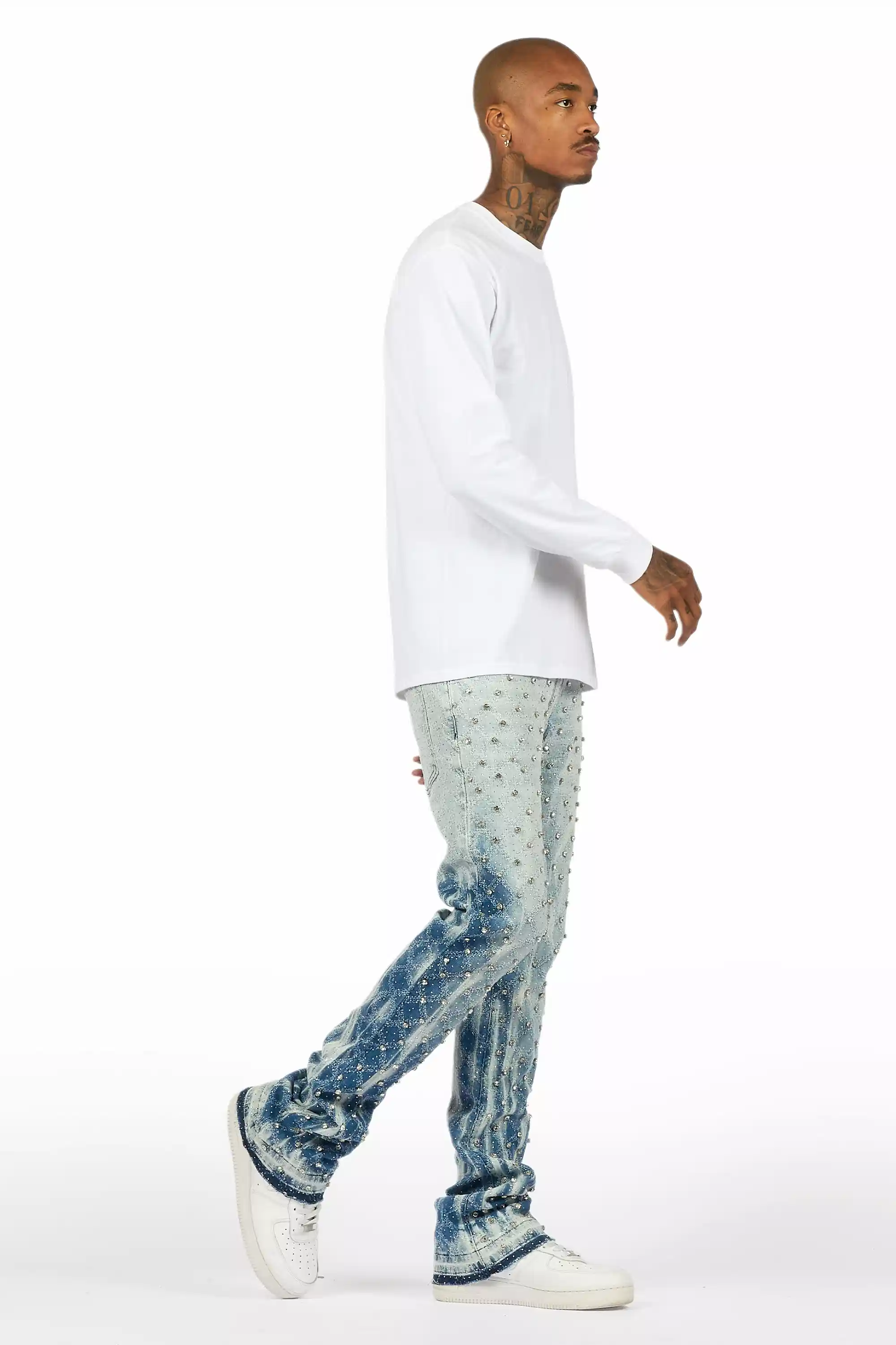 Glit Blue Rhinestone Stacked Flare Jean - Image 4