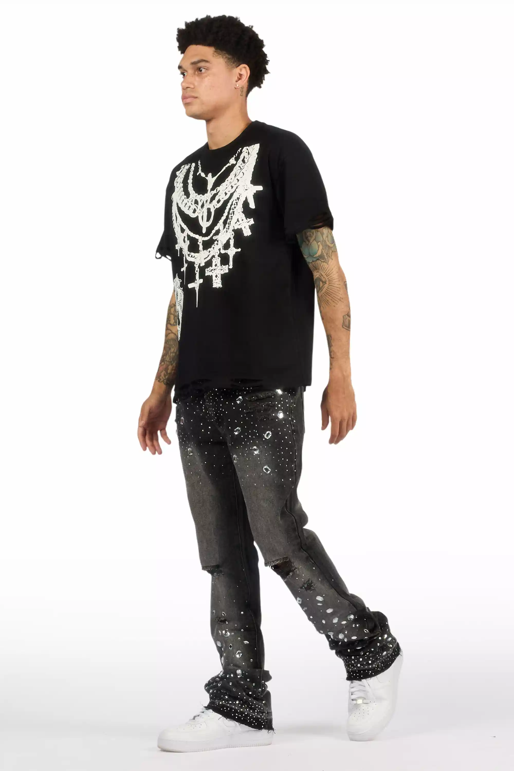 Glanz Dark Grey Rhinestone Stacked Flare Jean - Image 6