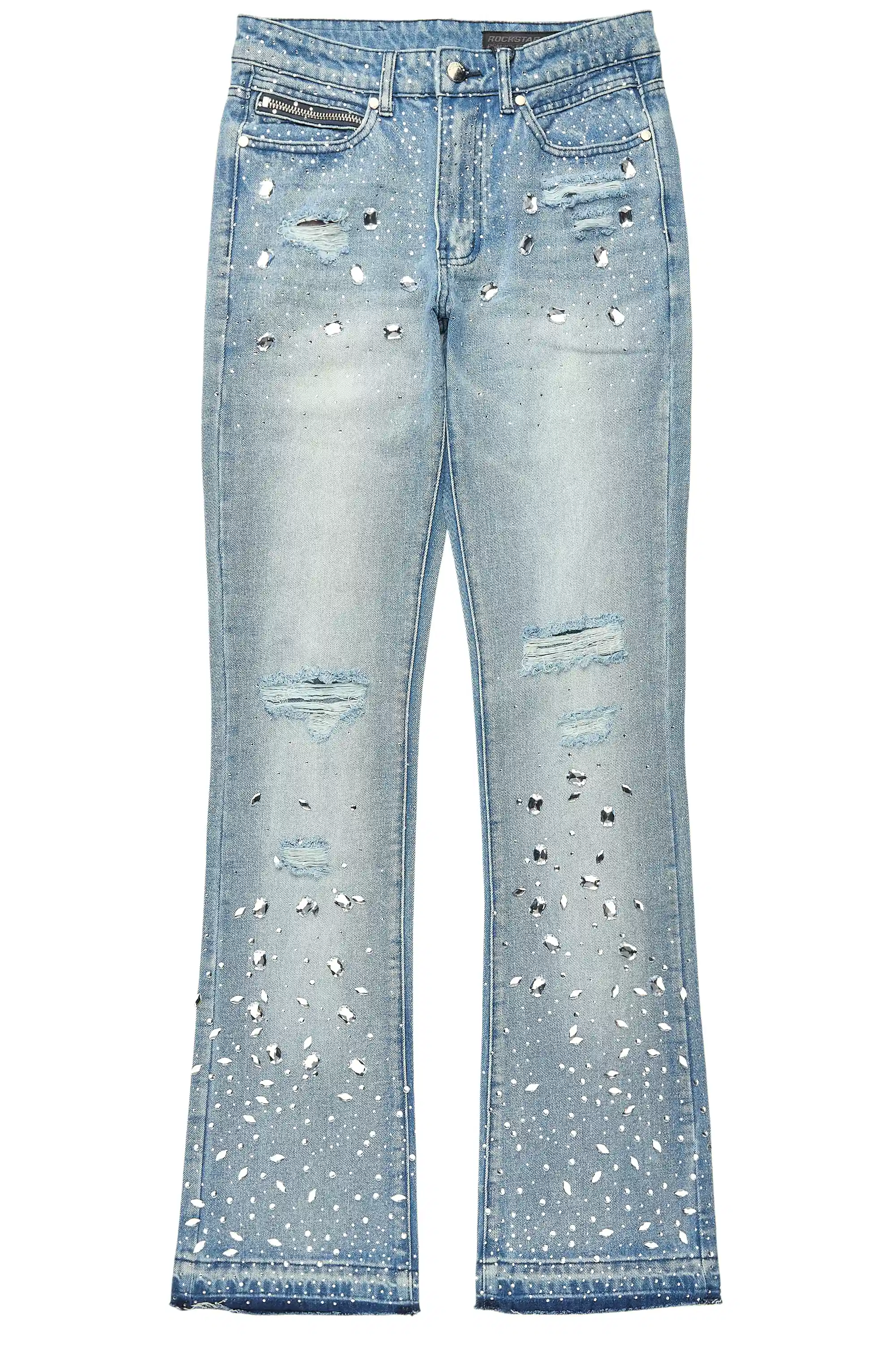 Glanz Light Blue Rhinestone Stacked Flare Jean - Image 2