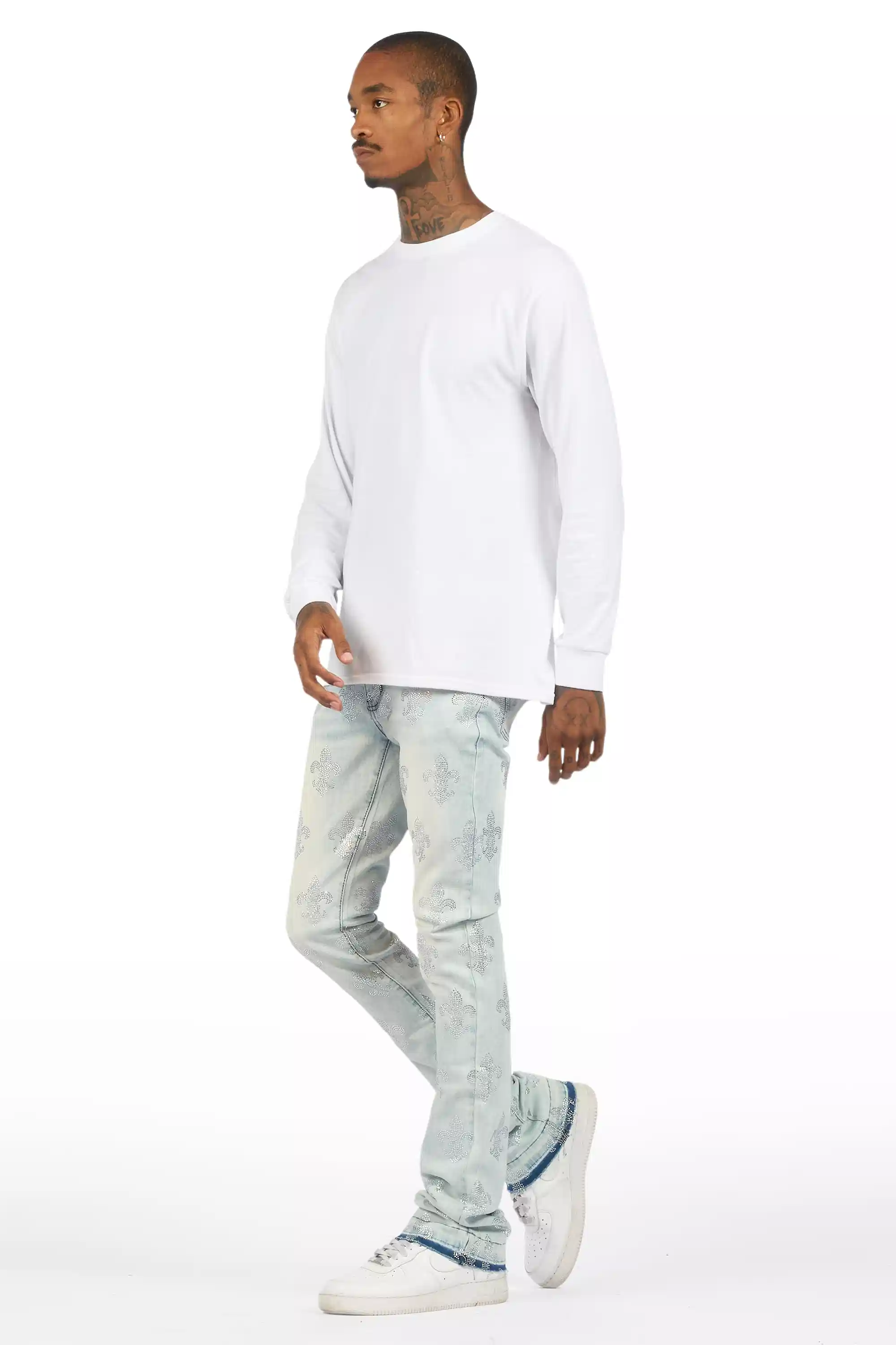 Shyne Light Blue Rhinestone Stacked Flare Jean - Image 7