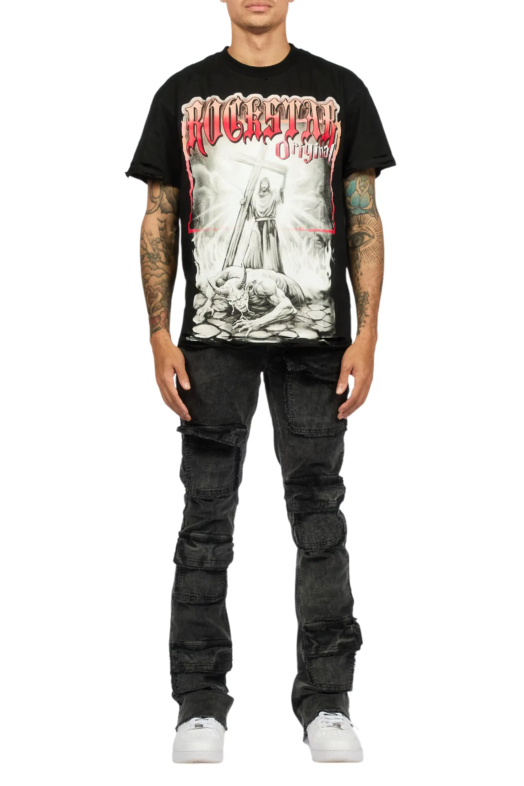 Petrus Grey Stacked Flare Corduroy Pant - Image 10