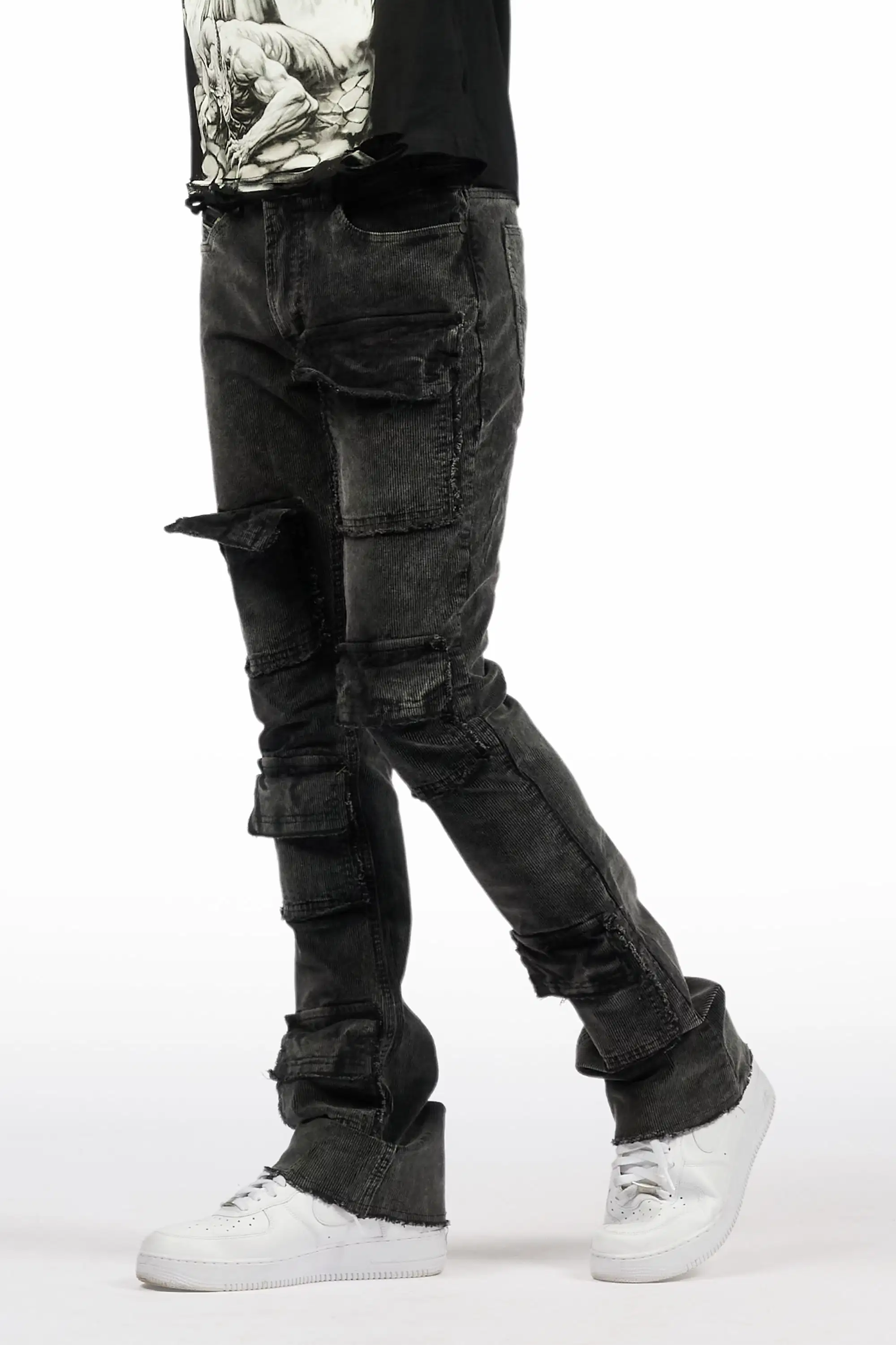 Petrus Grey Stacked Flare Corduroy Pant - Image 9