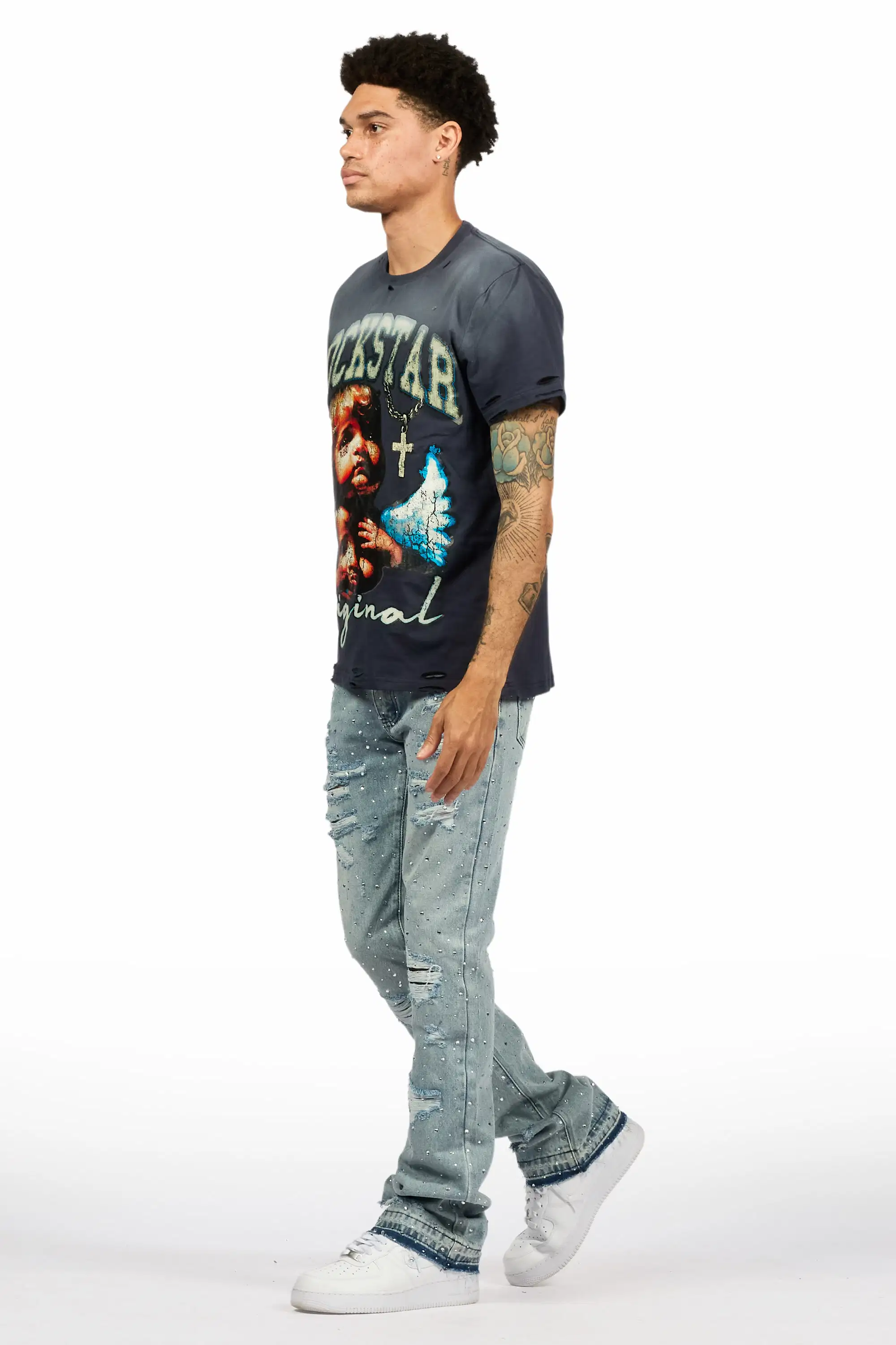 Stunt Blue Rhinestone Stacked Flare Jean - Image 6