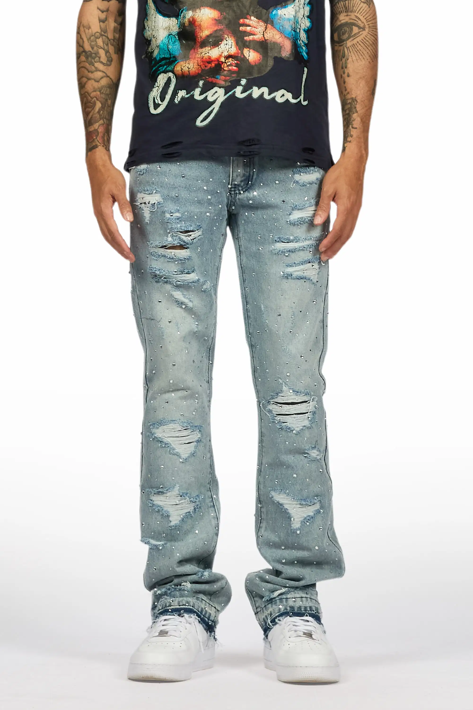 Stunt Blue Rhinestone Stacked Flare Jean - Image 9
