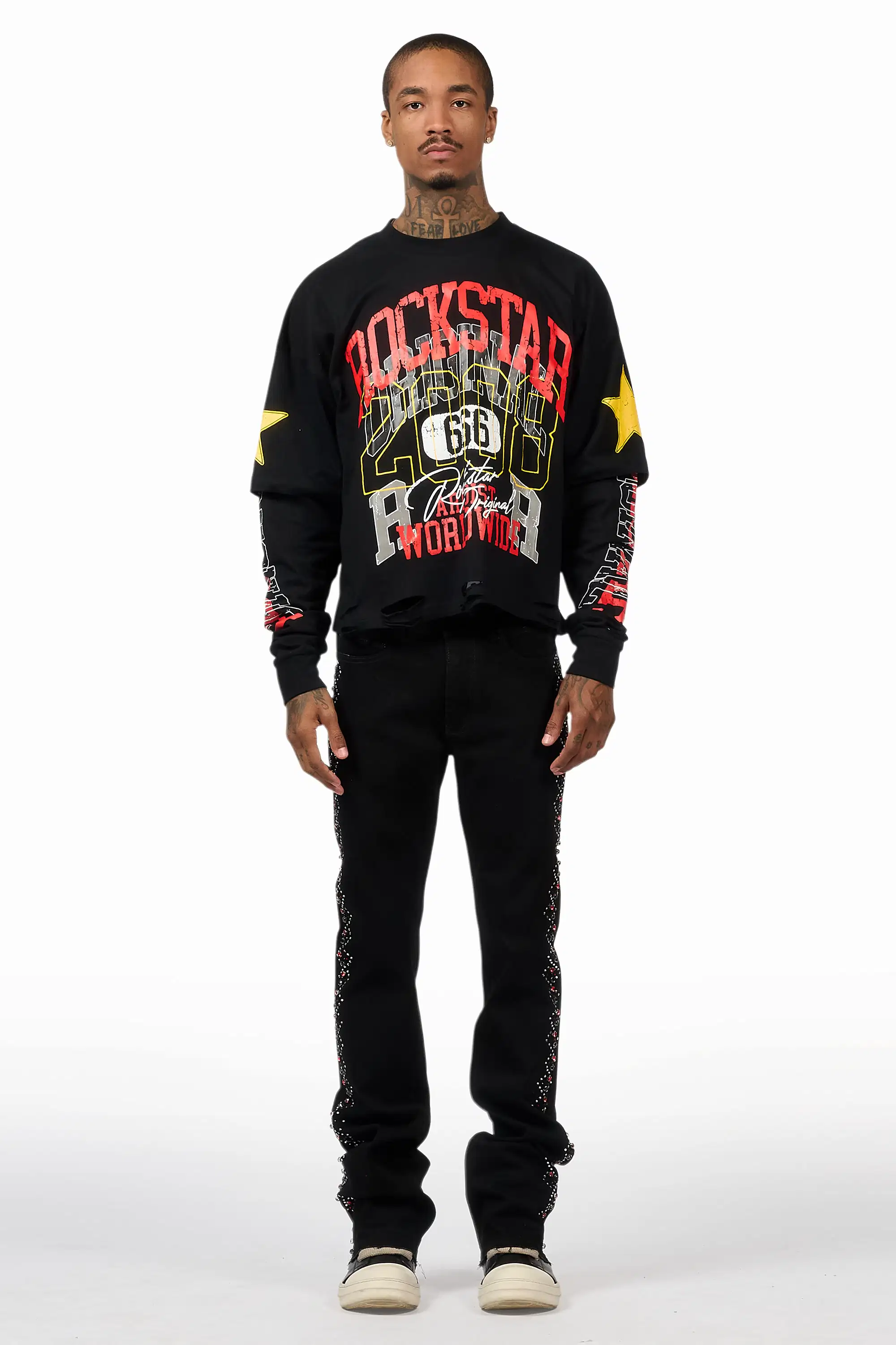 Ozi Rhinestone Black Stacked Flare Jean - Image 3