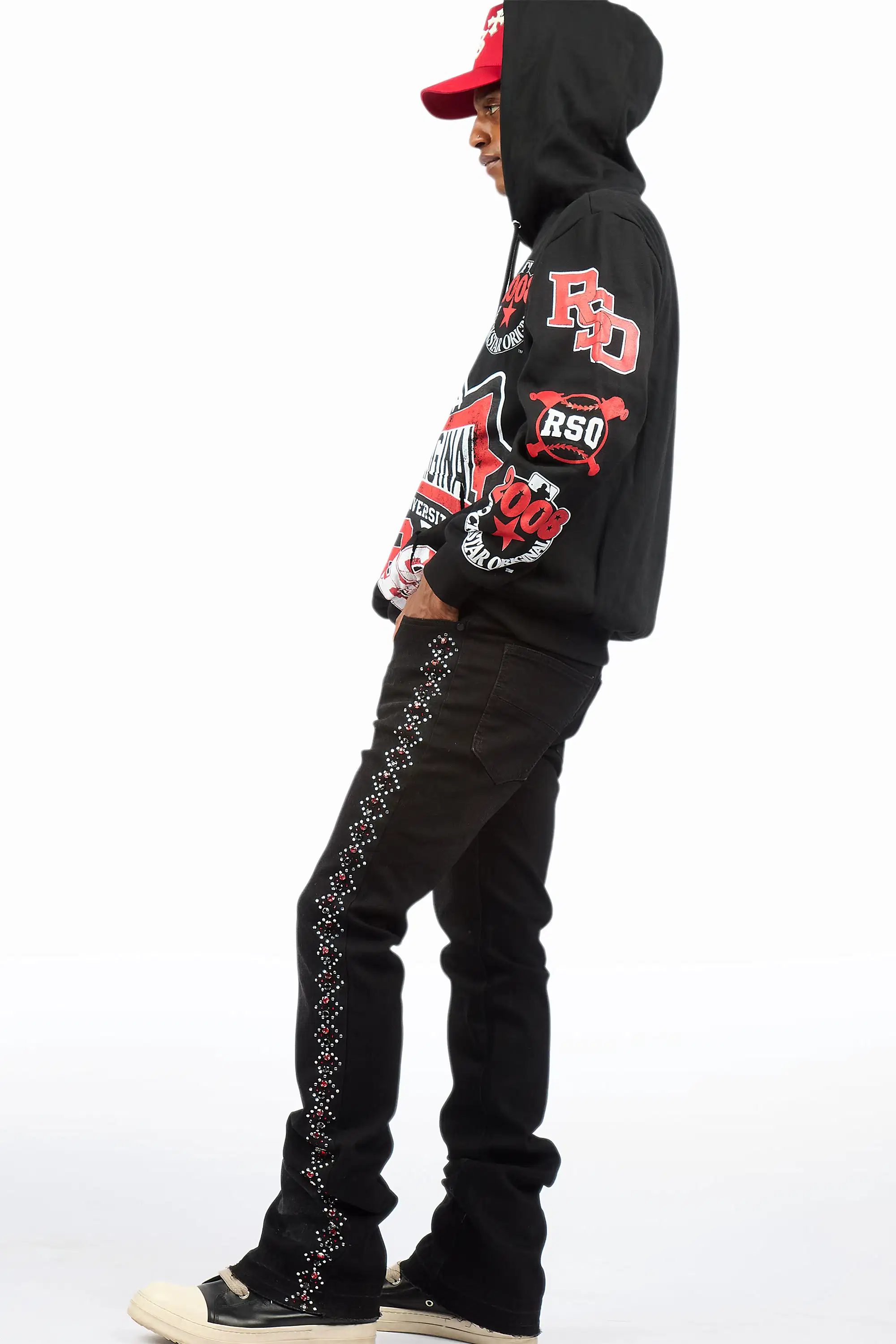 Ozi Rhinestone Dark Grey Stacked Flare Jean - Image 2
