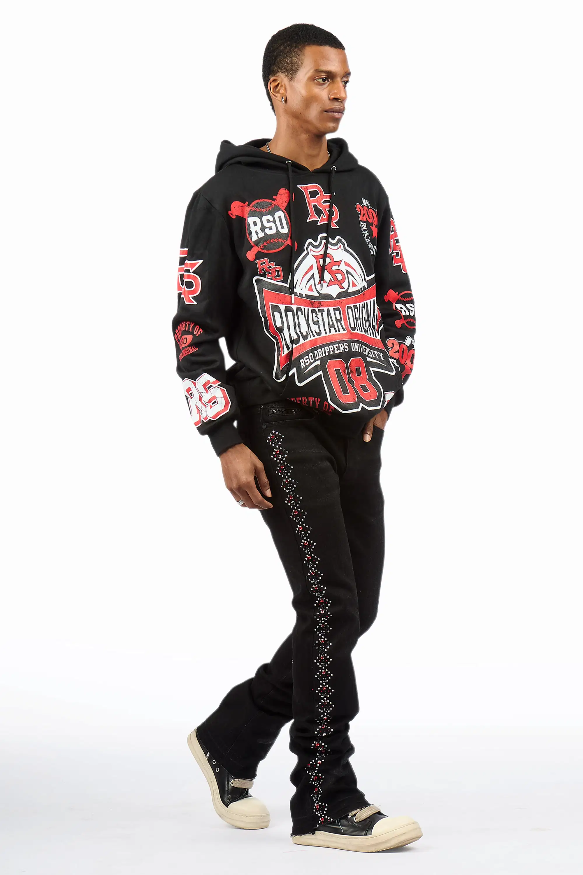 Ozi Rhinestone Dark Grey Stacked Flare Jean - Image 5