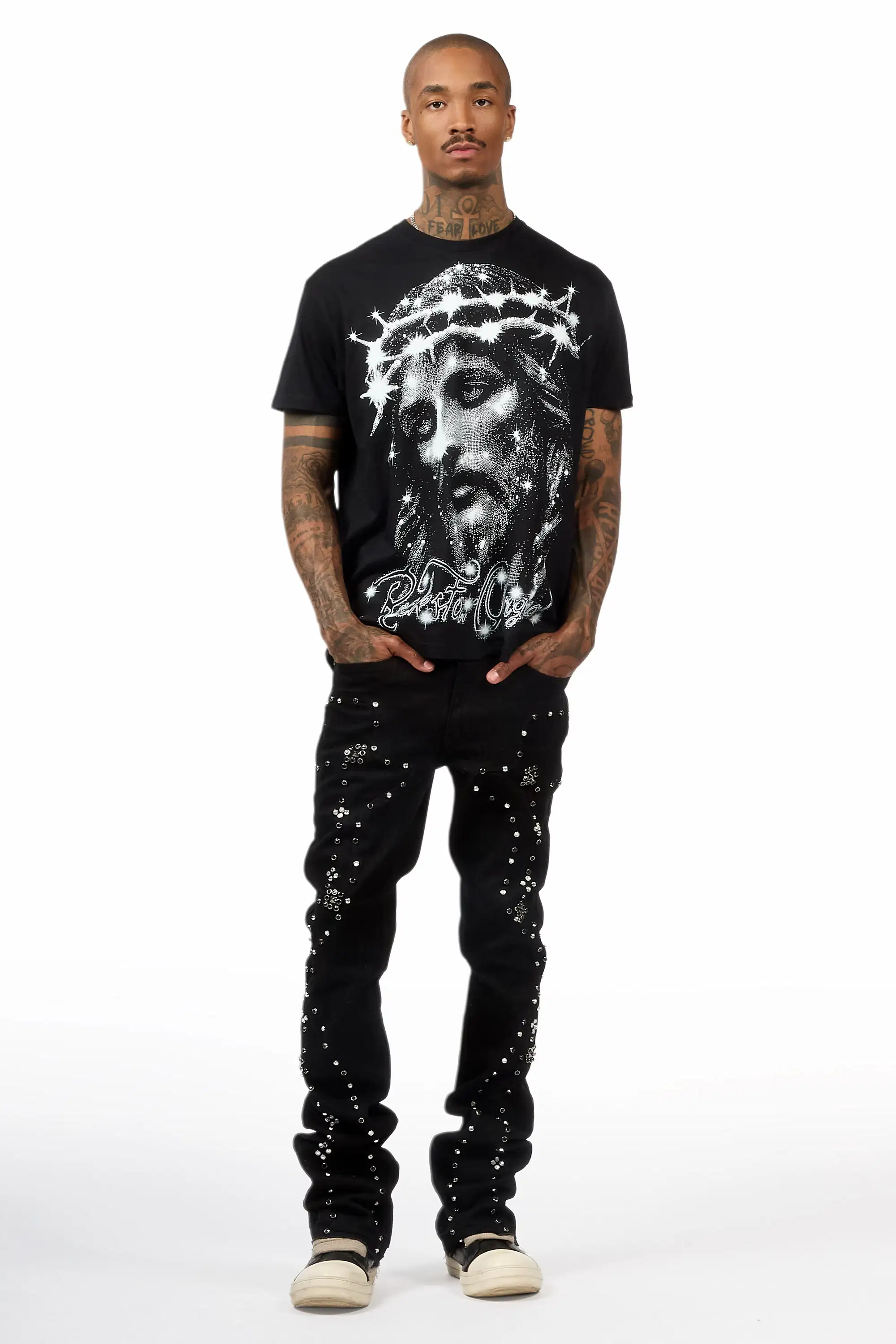 Chaz Jet Black Stud Stacked Flare Jean - Image 2