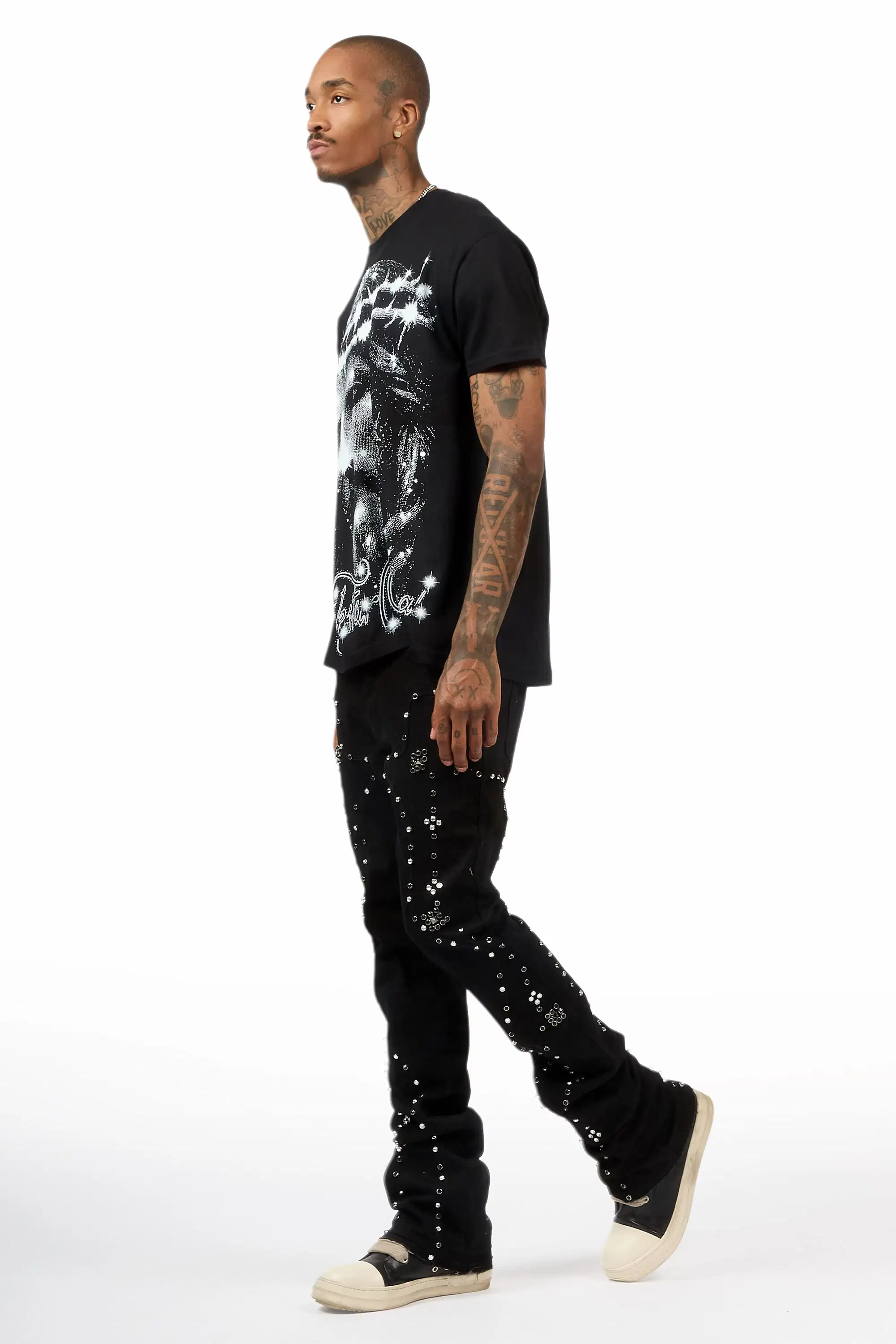 Chaz Jet Black Stud Stacked Flare Jean - Image 4