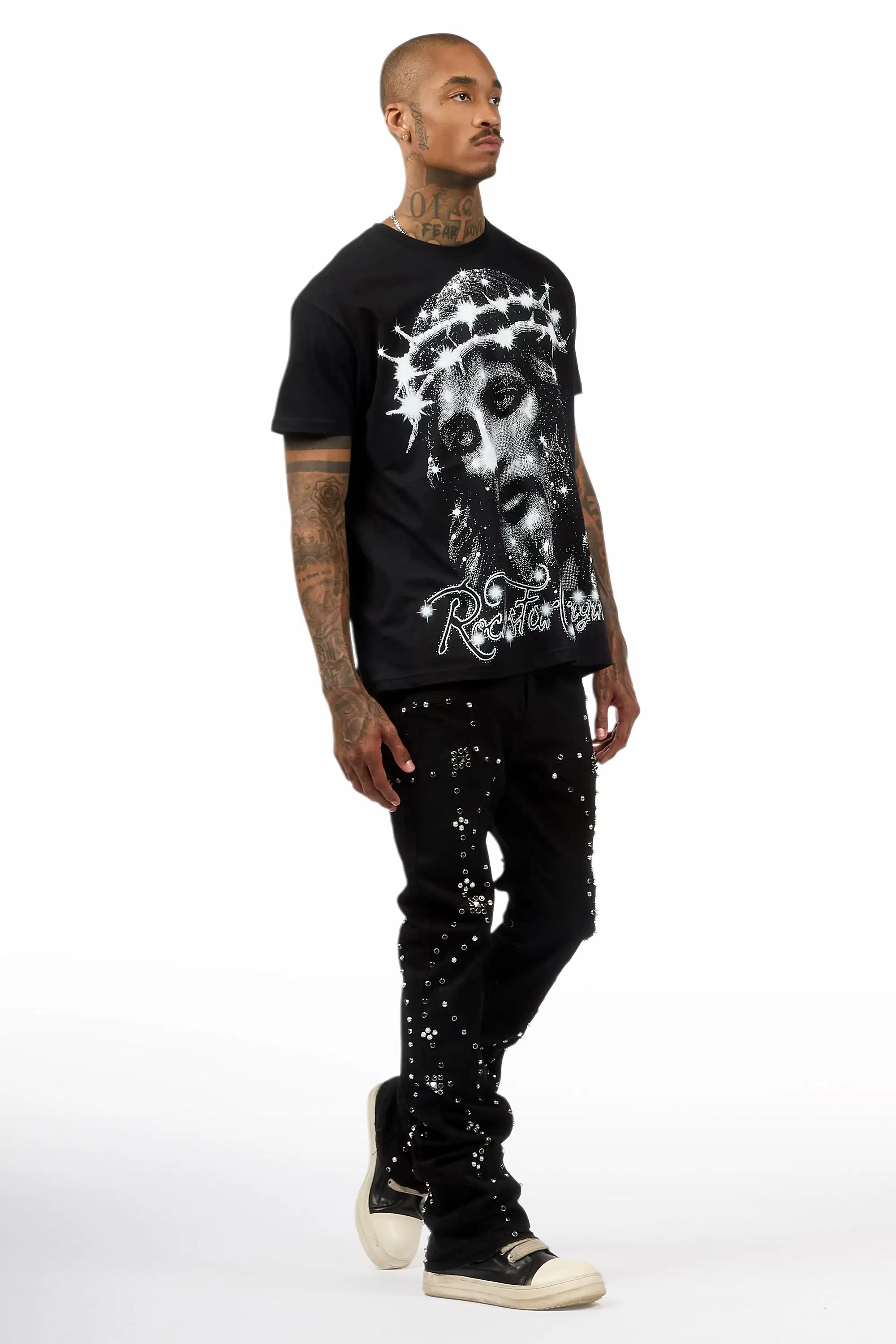 Chaz Jet Black Stud Stacked Flare Jean - Image 5