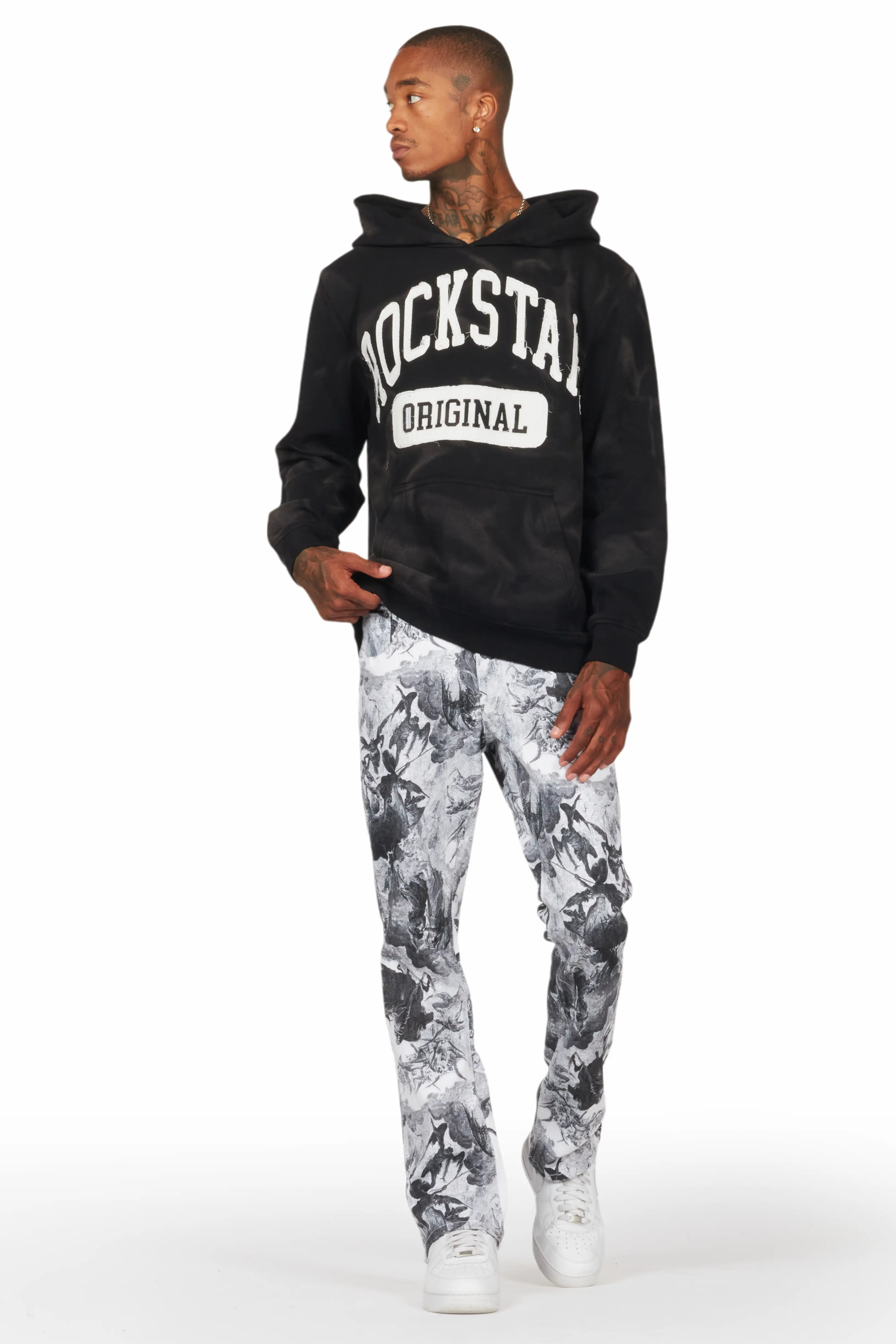 Jacop White Printed Stacked Flare Jean - Image 2