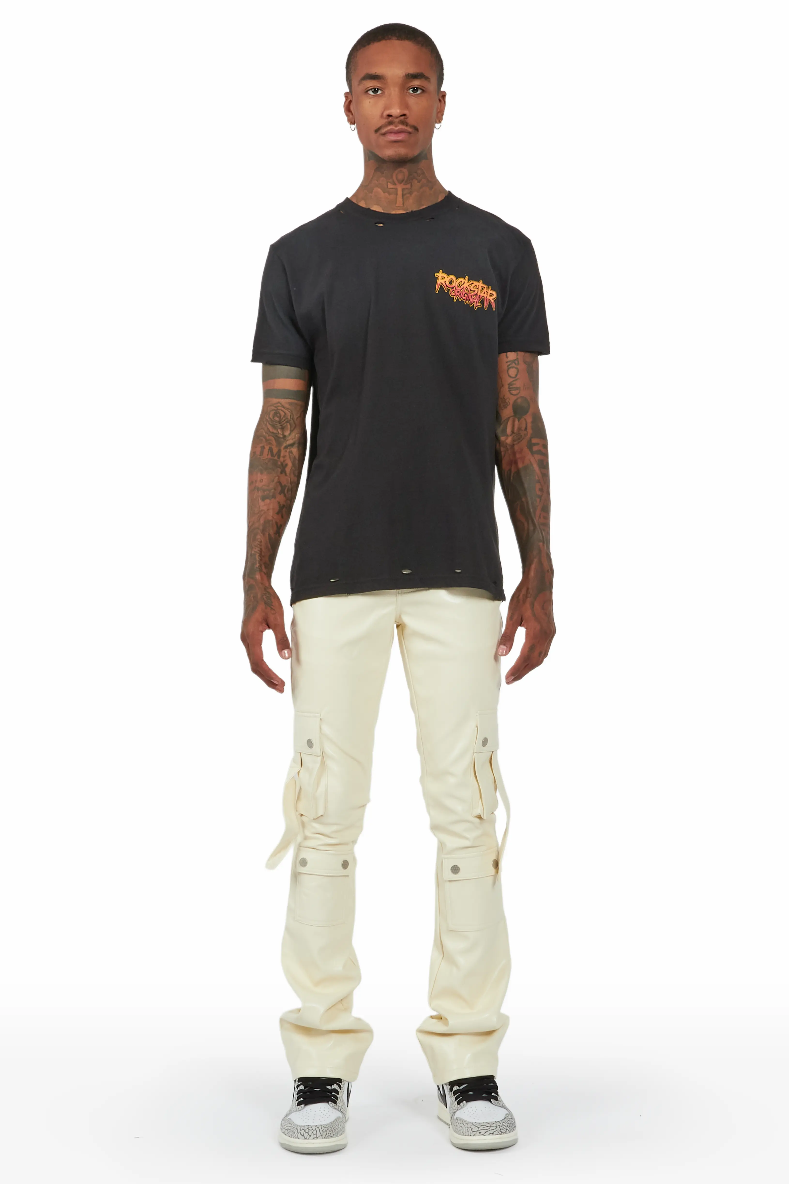 Errol Cream Faux Leather Stacked Cargo Jean - Image 2