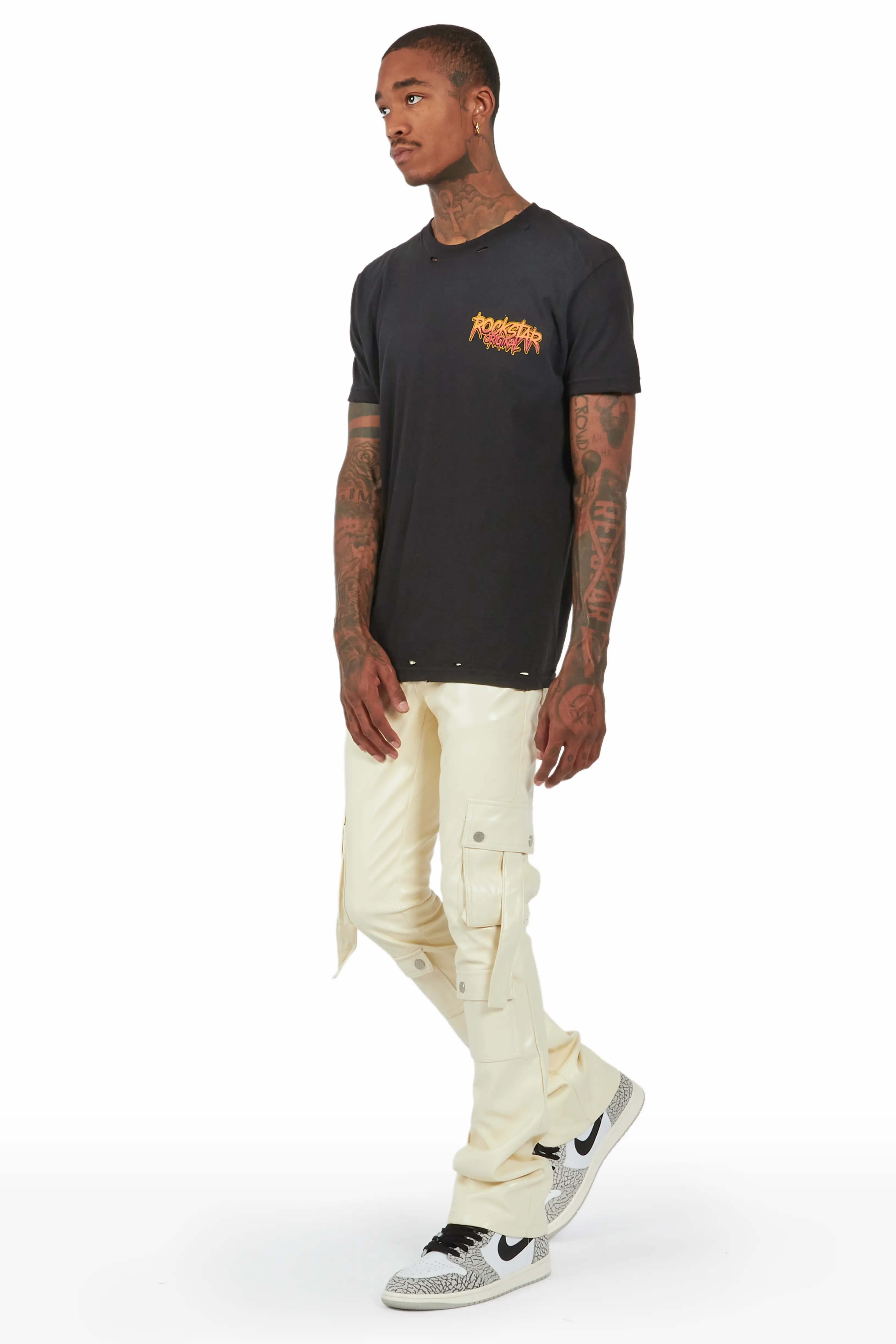 Errol Cream Faux Leather Stacked Cargo Jean - Image 5