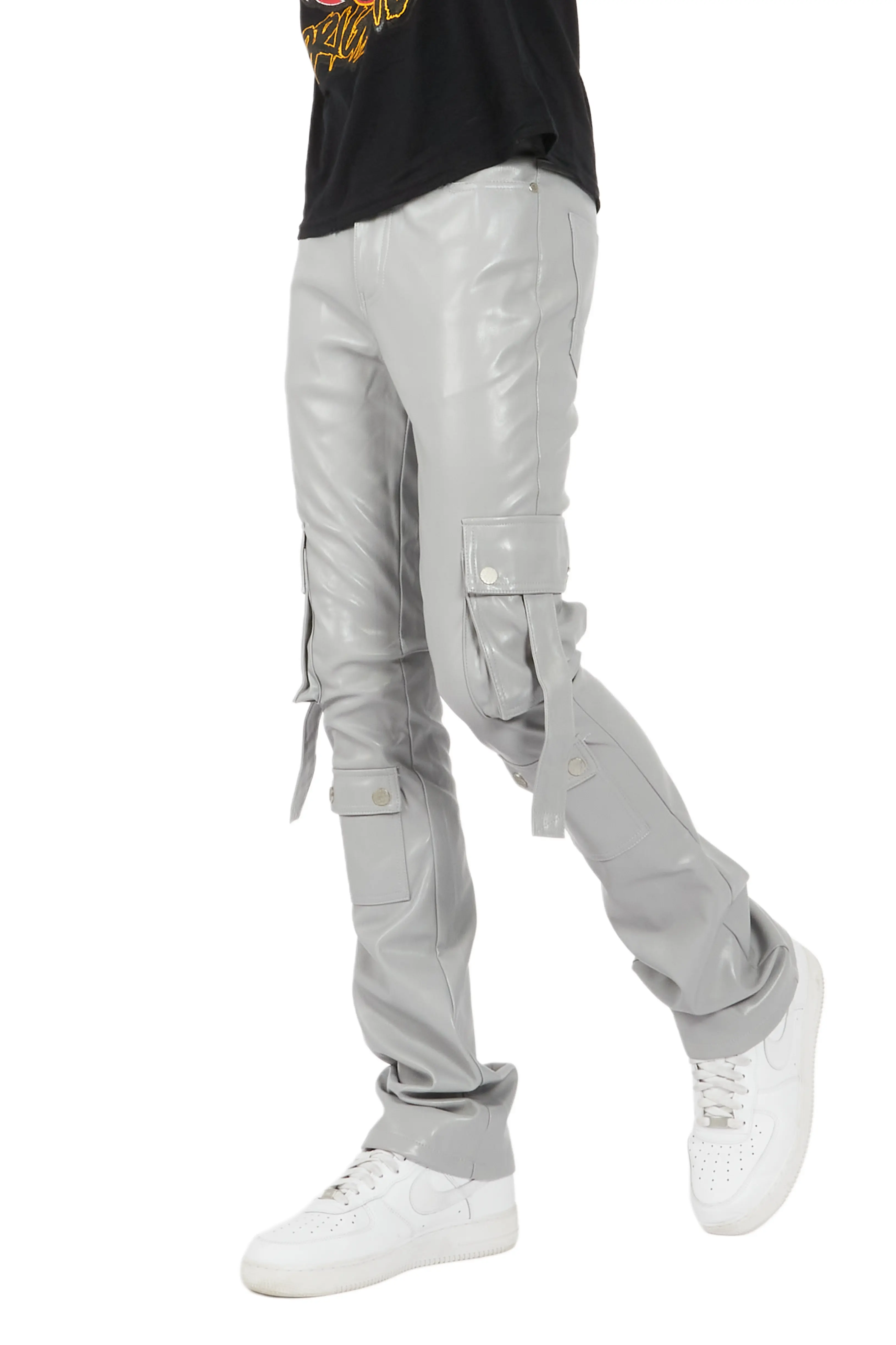 Errol Grey Faux Leather Stacked Cargo Jean - Image 9