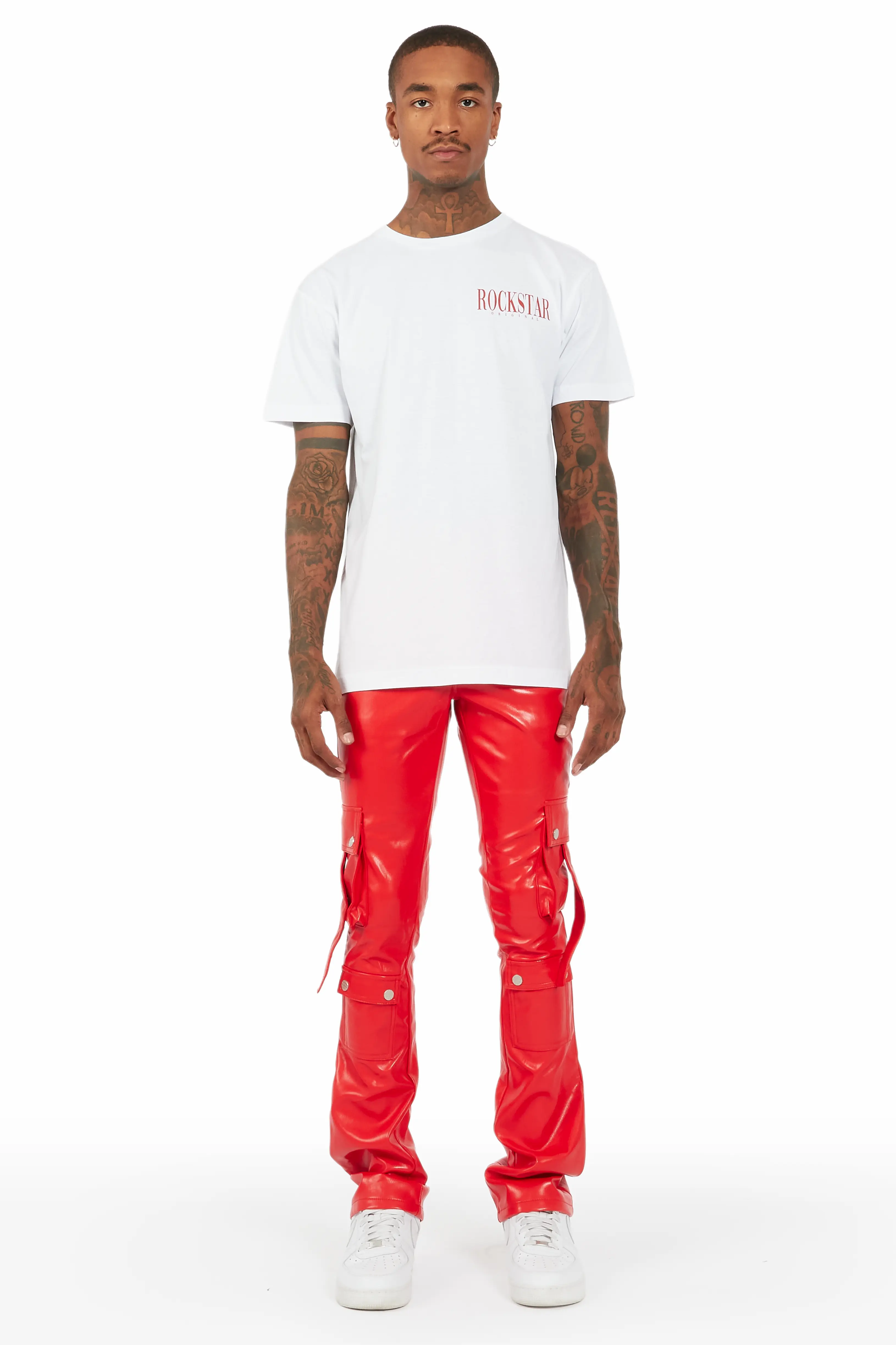 Errol Red Faux Leather Stacked Cargo Jean - Image 3