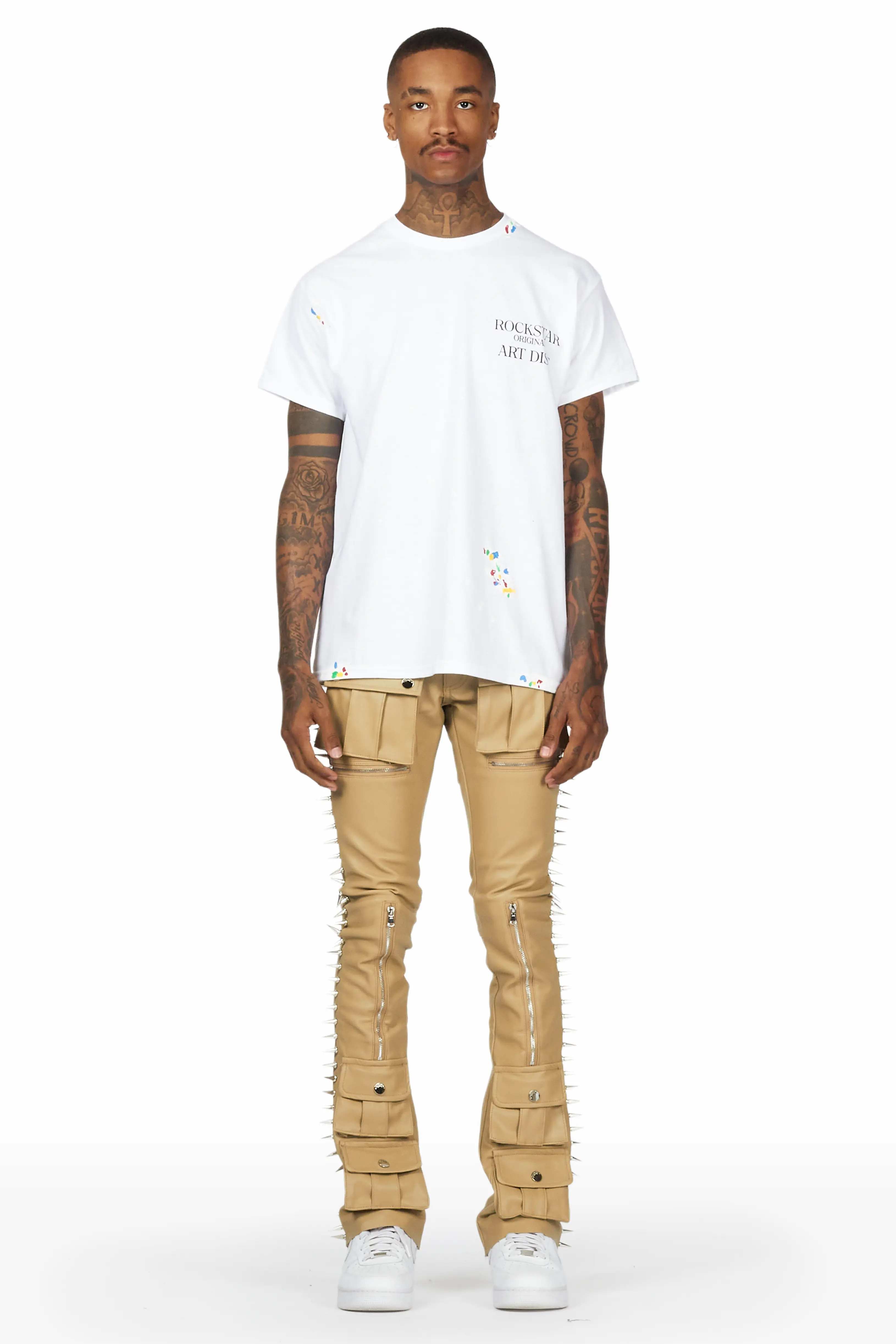 Leopold Beige PU Stacked Flare Jean - Image 3