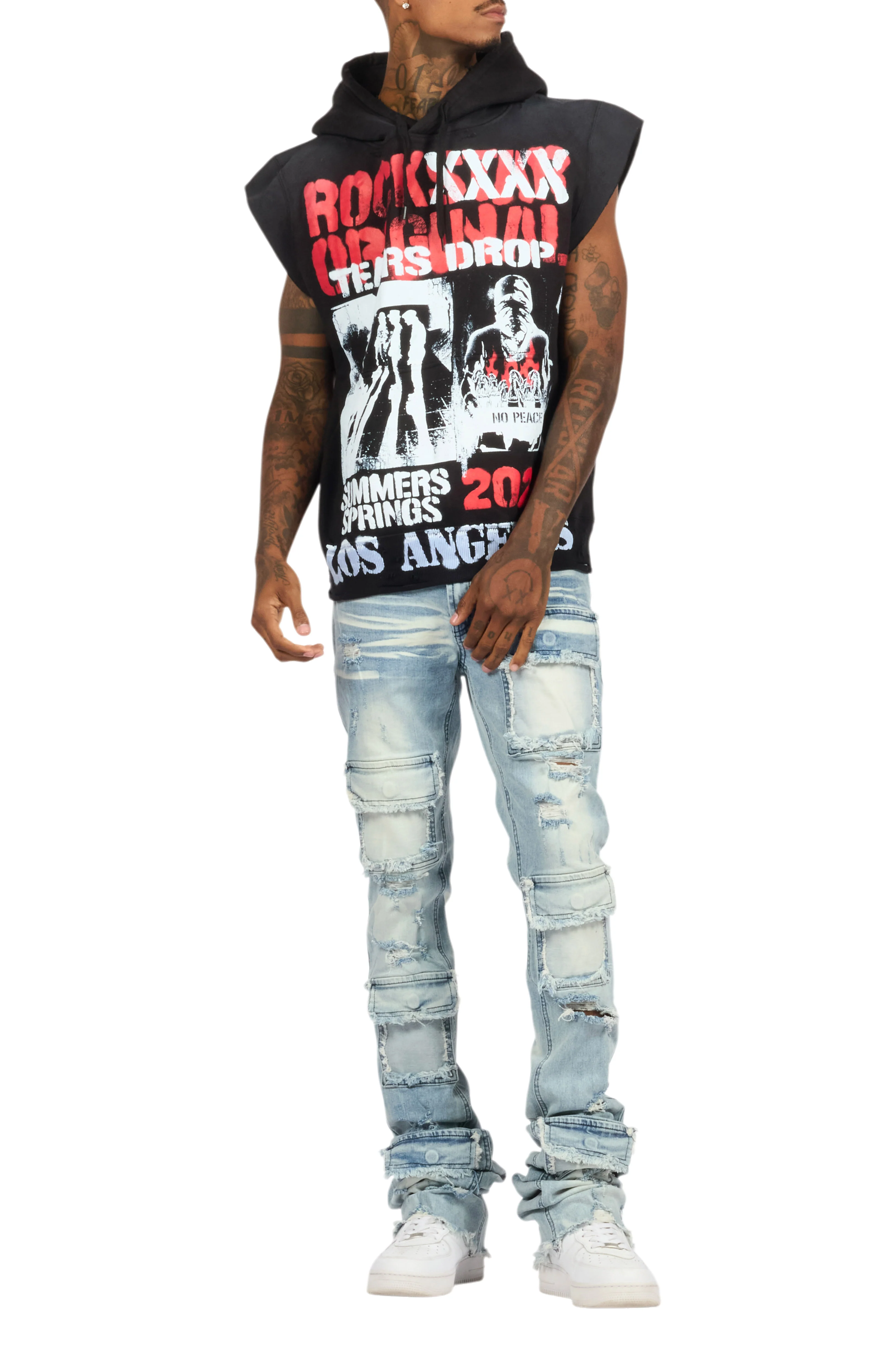 Paton Black/Red Distressed Graphic Cut Sleeve Hoodie - Image 10