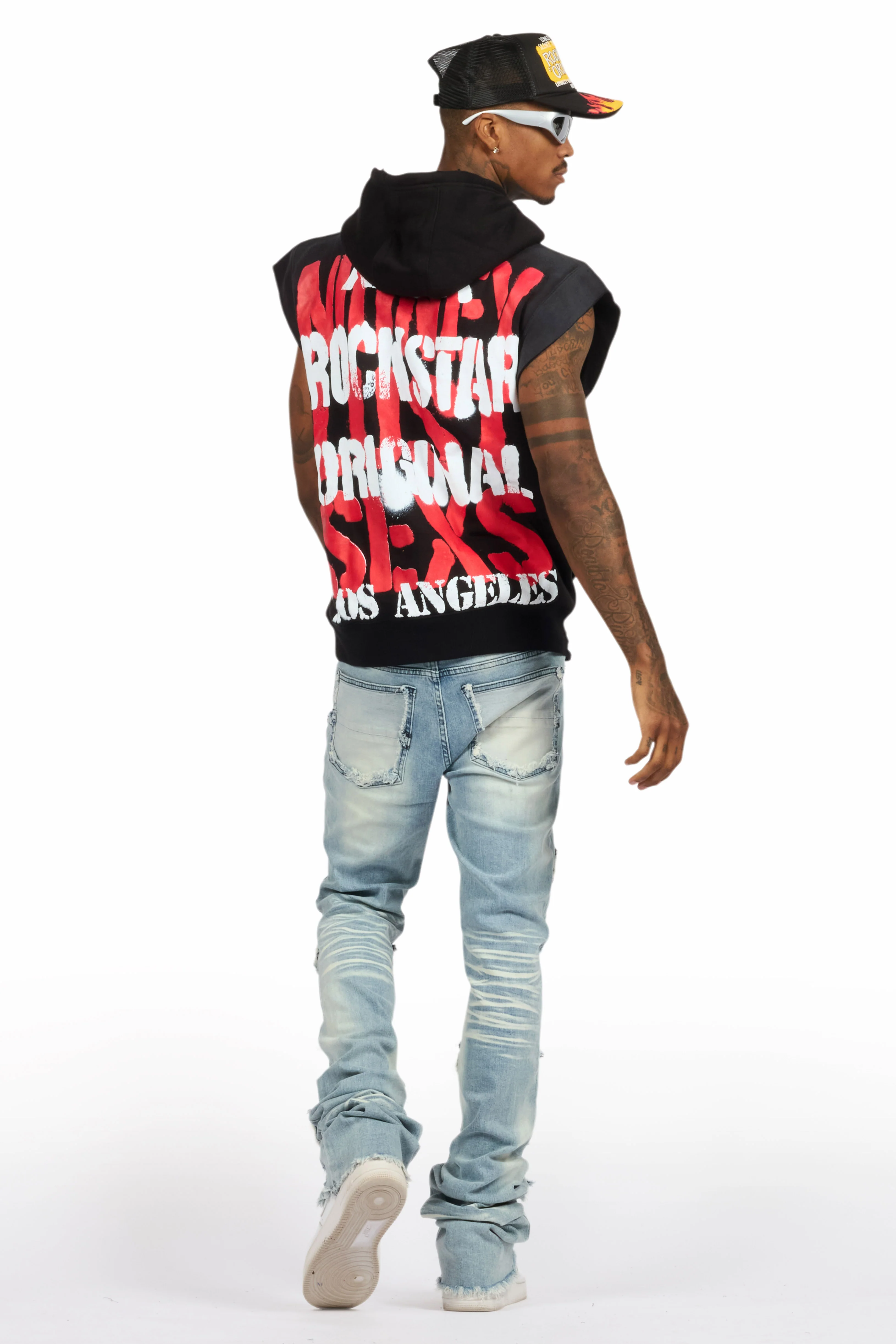 Paton Black/Red Distressed Graphic Cut Sleeve Hoodie - Image 5