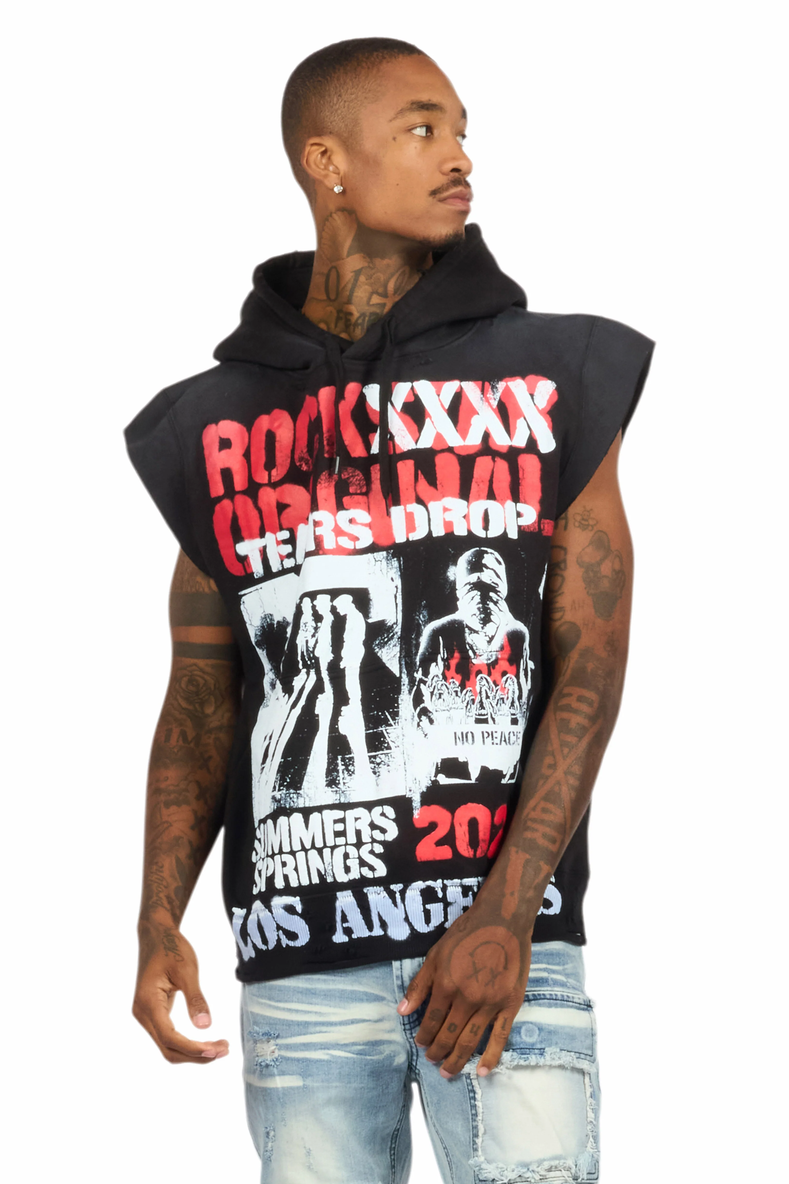 Paton Black/Red Distressed Graphic Cut Sleeve Hoodie - Image 7