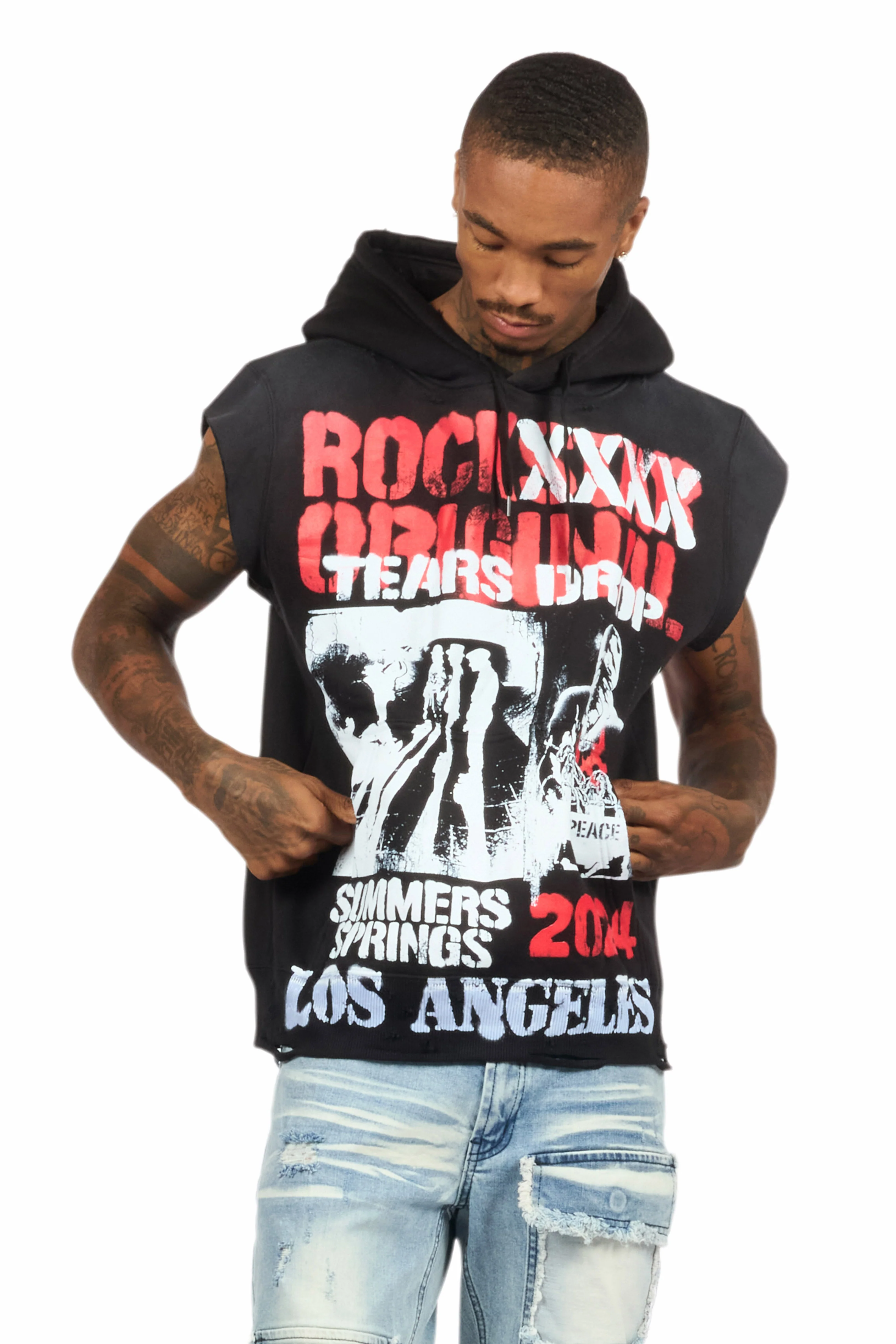 Paton Black/Red Distressed Graphic Cut Sleeve Hoodie - Image 8