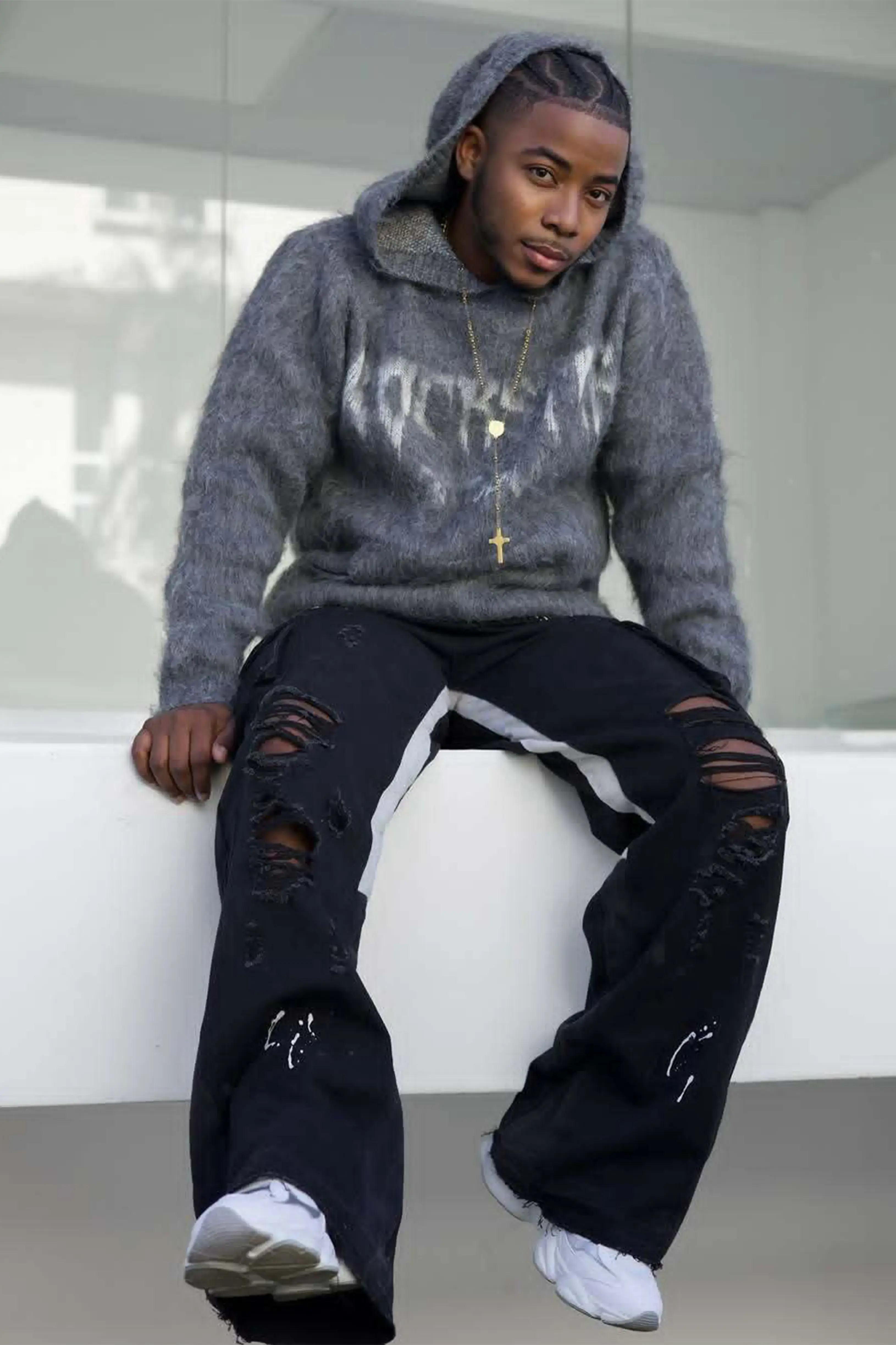 Andros Grey Graphic Knitted Hoodie - Image 2