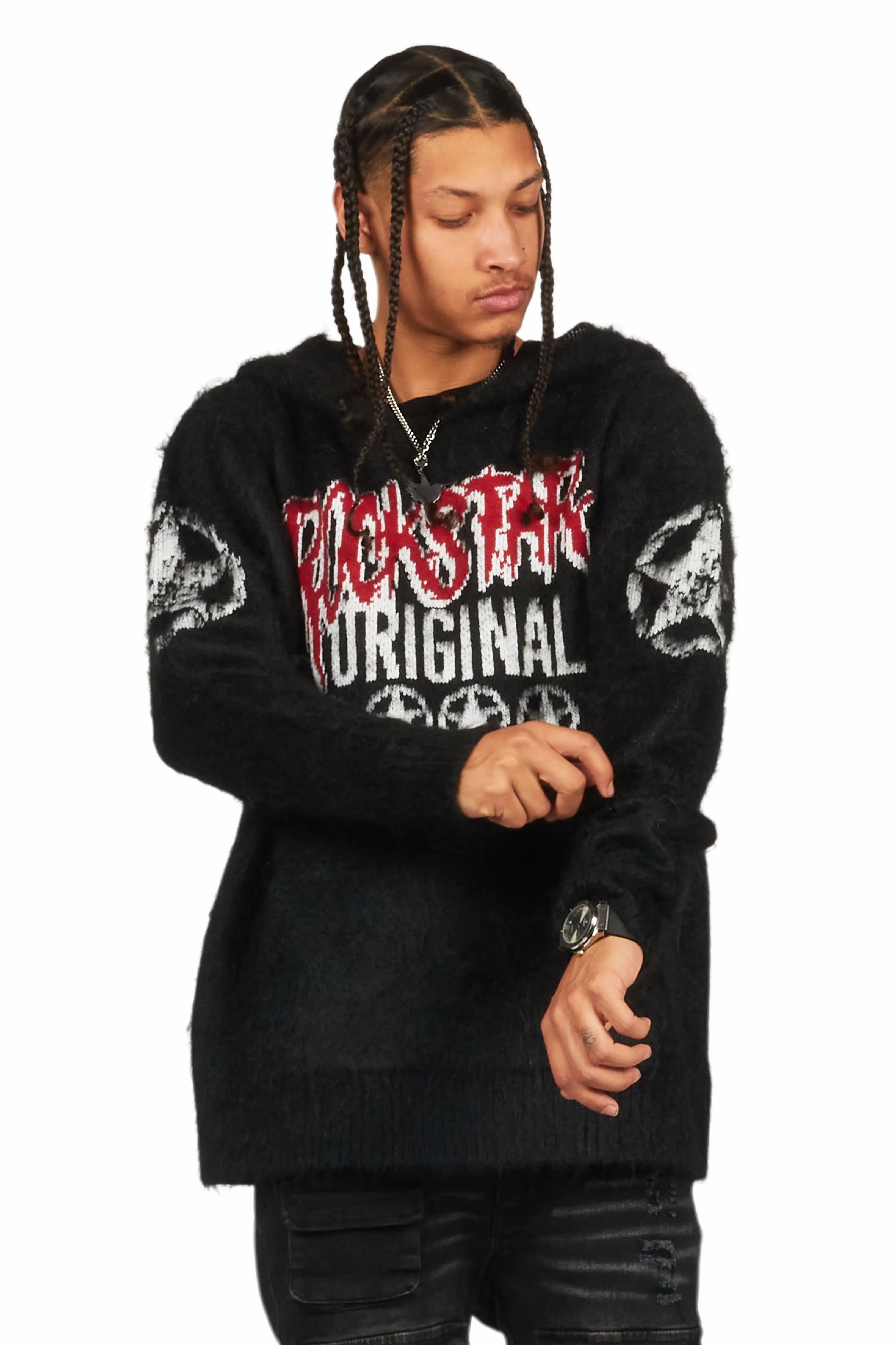Wizzurd Black Graphic Knitted Mohair Hoodie - Image 4
