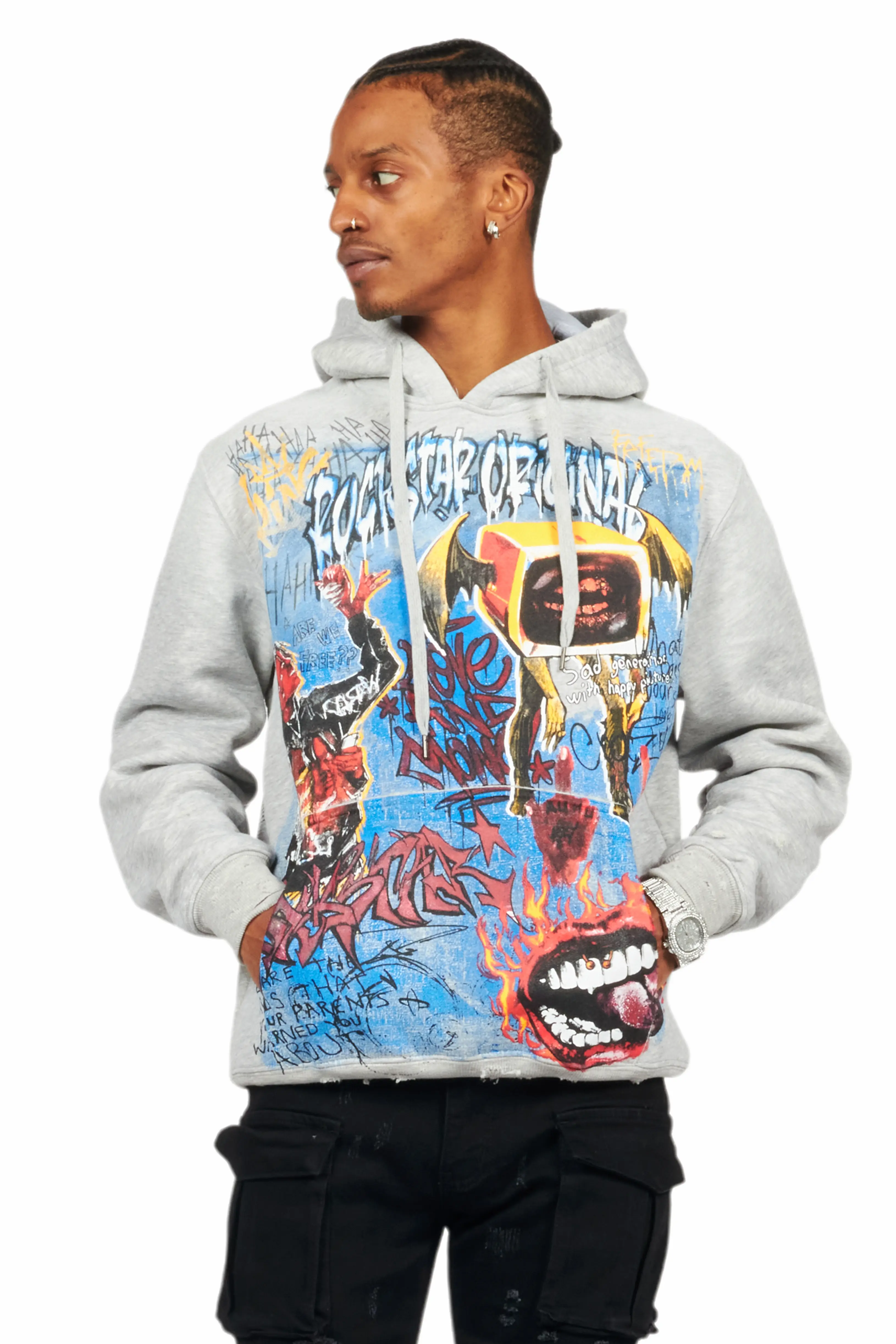 Yooz Heather Grey Graphic Hoodie - Image 2
