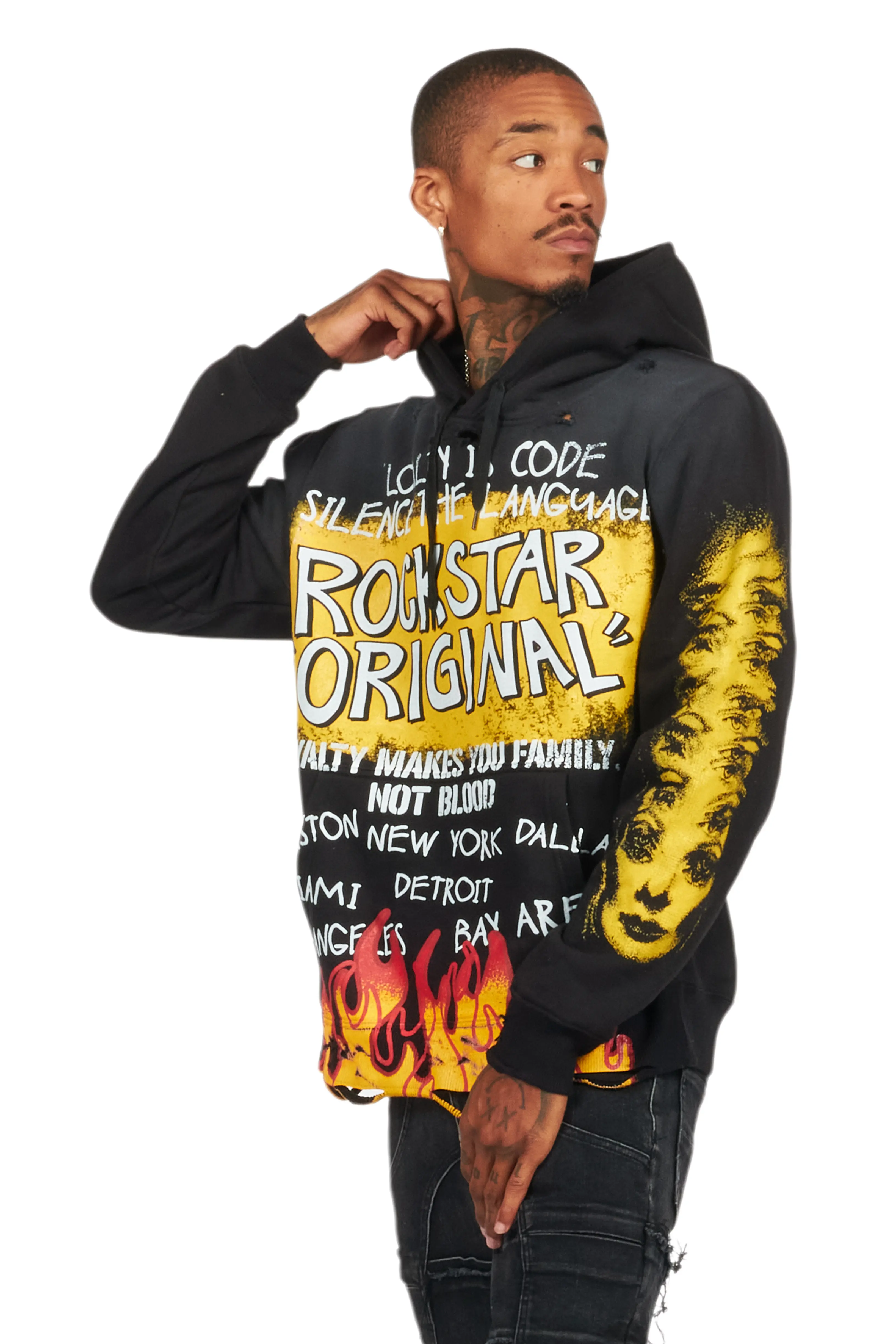Beno Black/Yellow Distressed Graphic Hoodie - Image 10