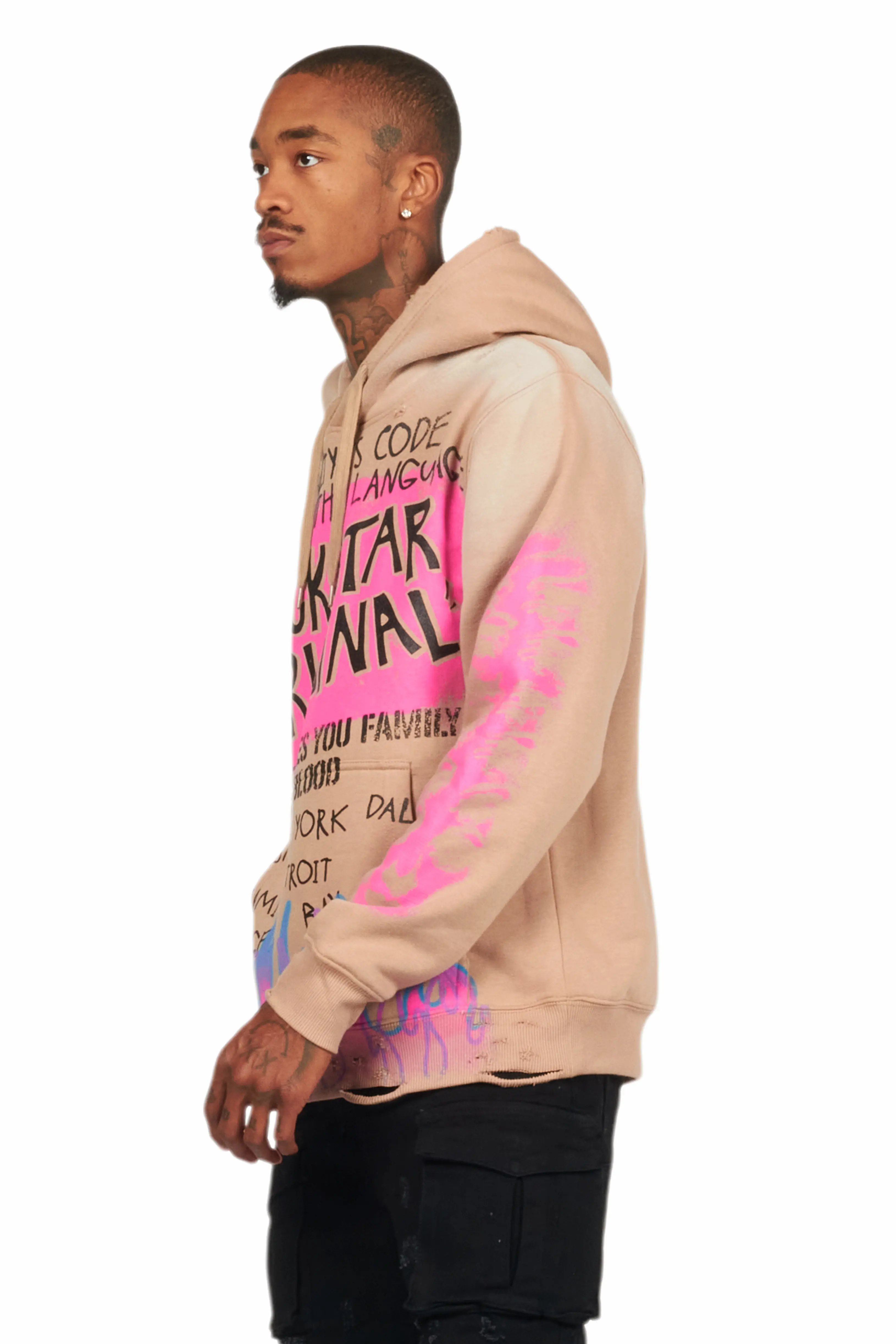 Beno Khaki Distressed Graphic Hoodie - Image 5