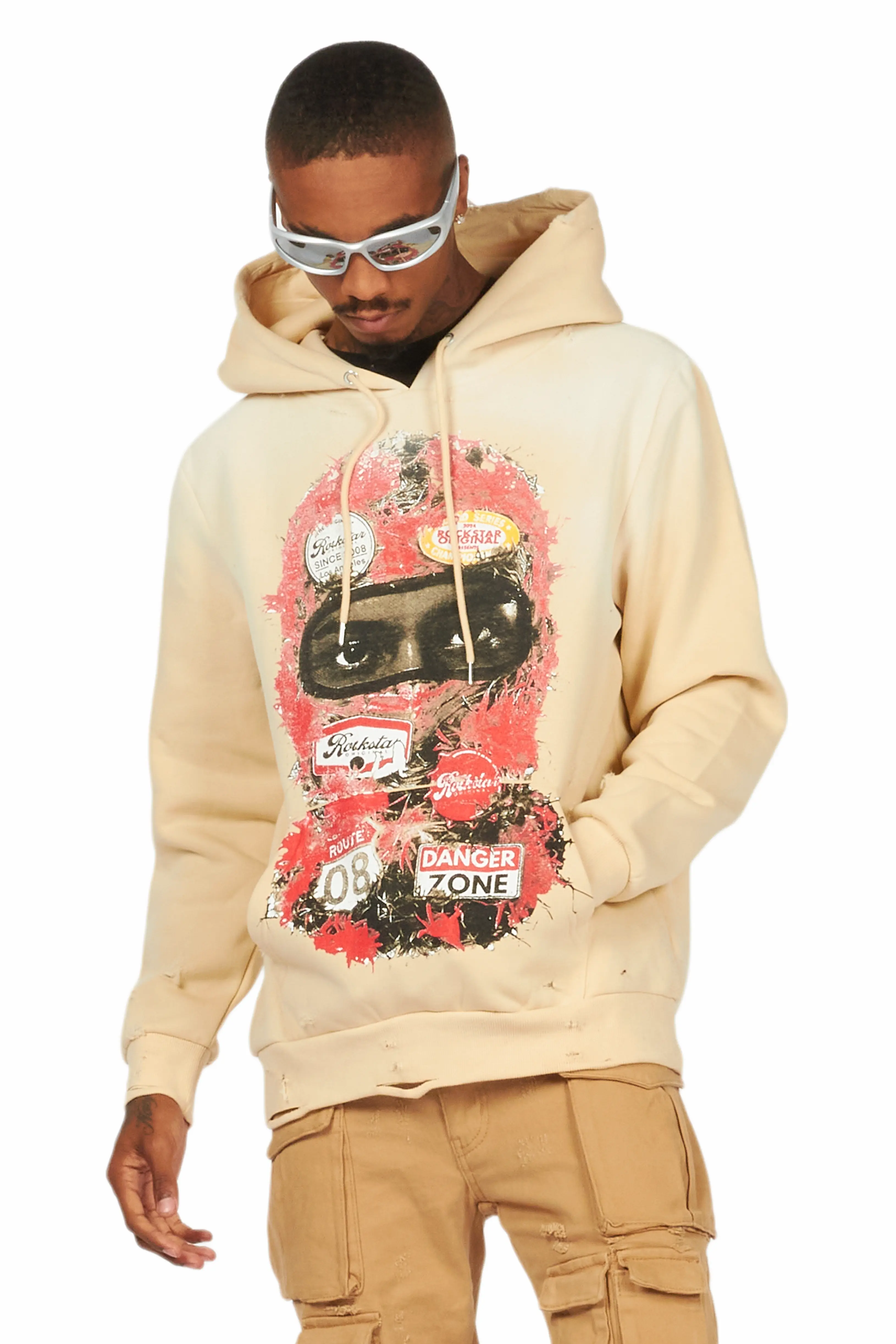 Lemar Beige Distressed Graphic Hoodie - Image 4