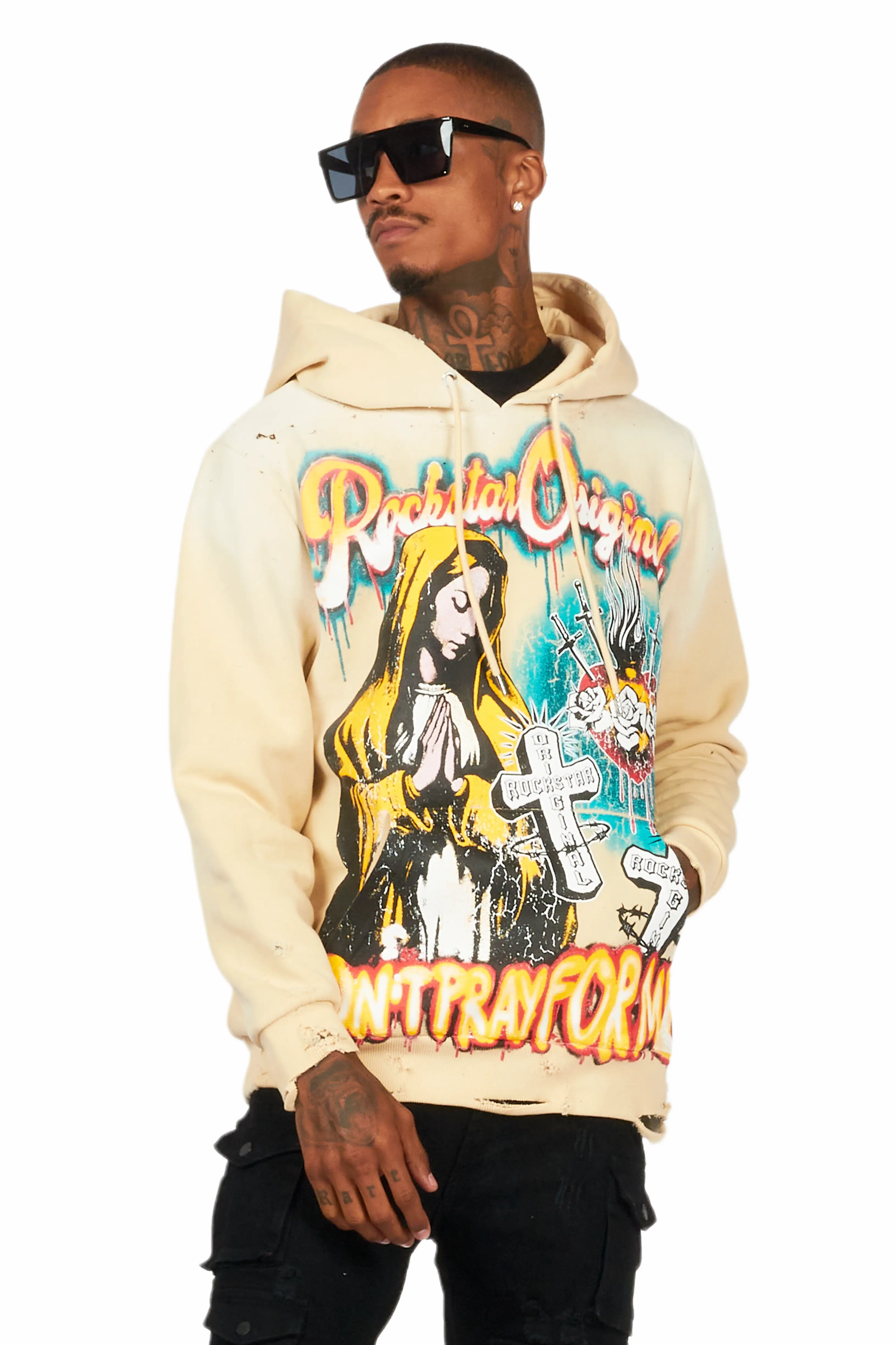 Loman Beige Distressed Graphic Hoodie - Image 2