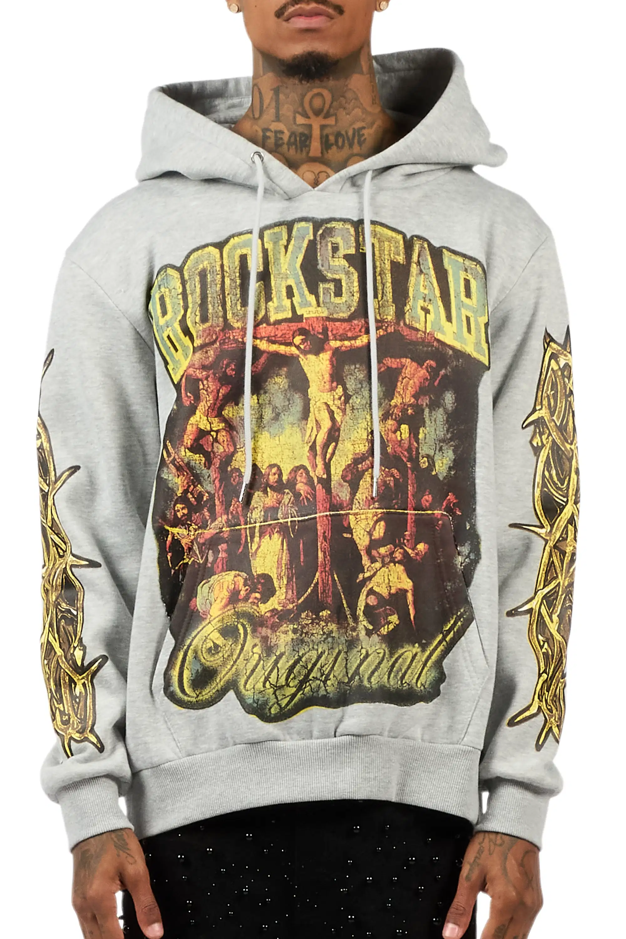 Waller Heather Grey Graphic Distressed Hoodie - Image 7