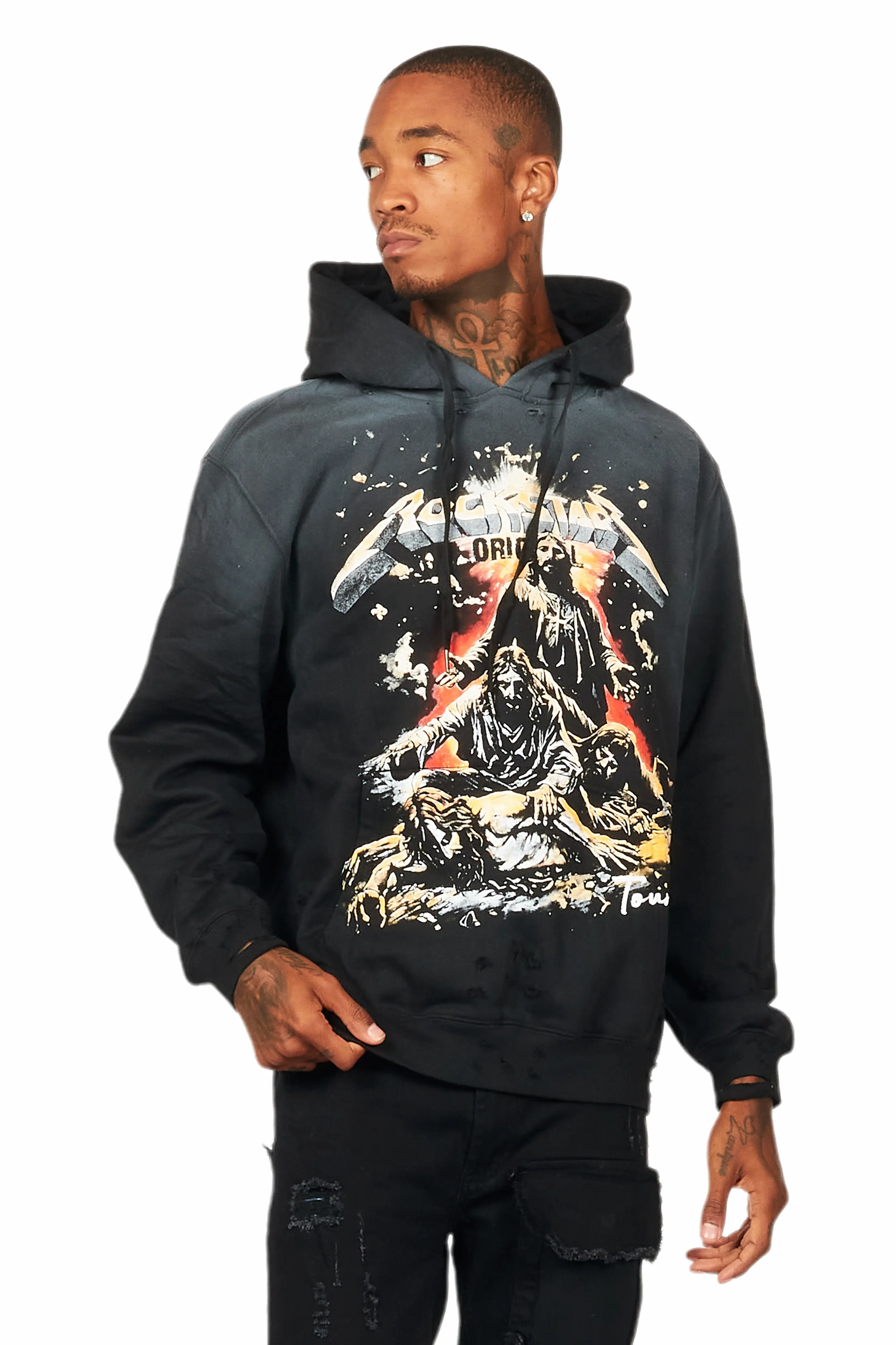 Akando Black Graphic Distressed Hoodie - Image 2