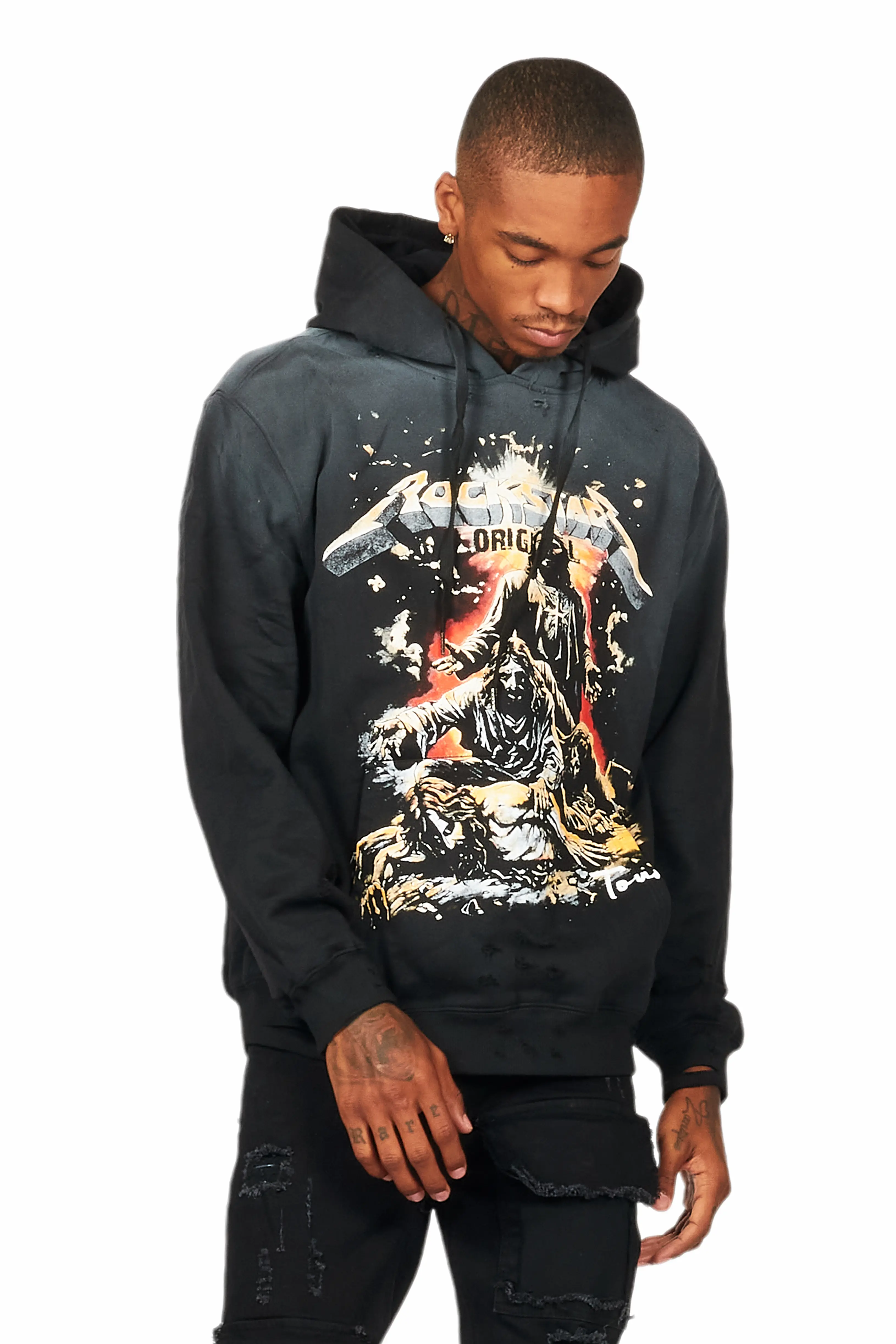 Akando Black Graphic Distressed Hoodie - Image 4