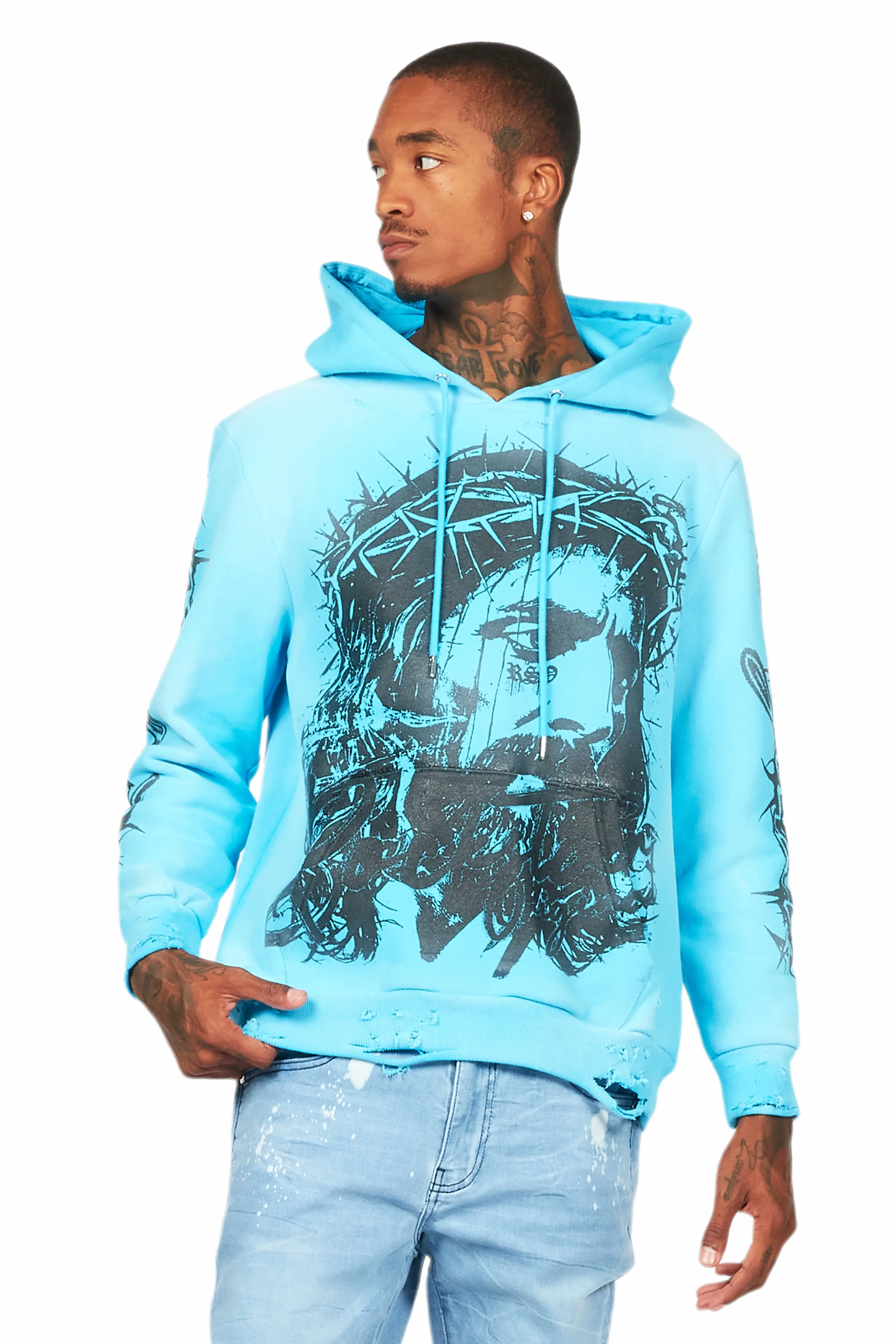 Bedros Blue Graphic Distressed Hoodie - Image 2