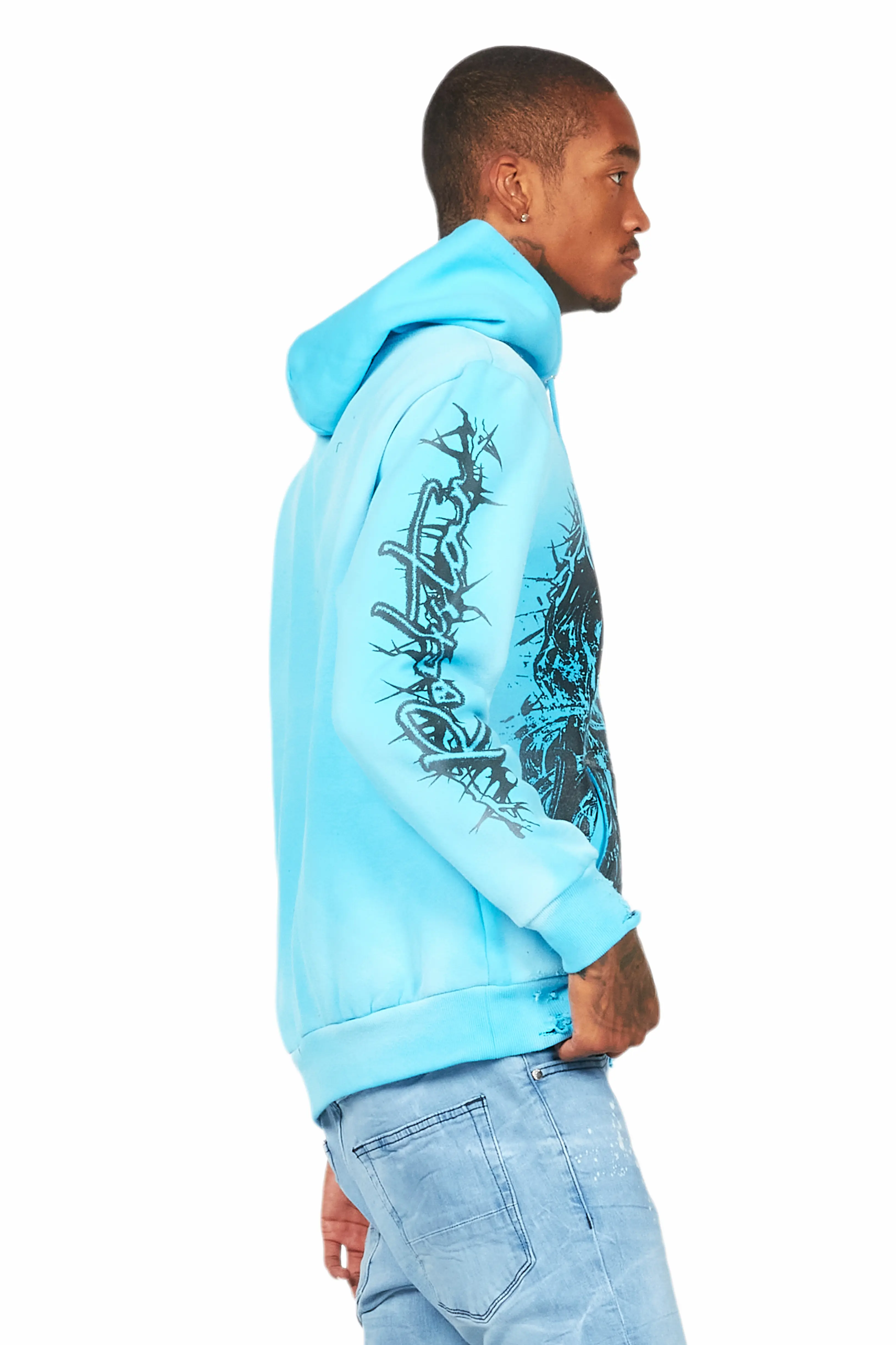 Bedros Blue Graphic Distressed Hoodie - Image 3