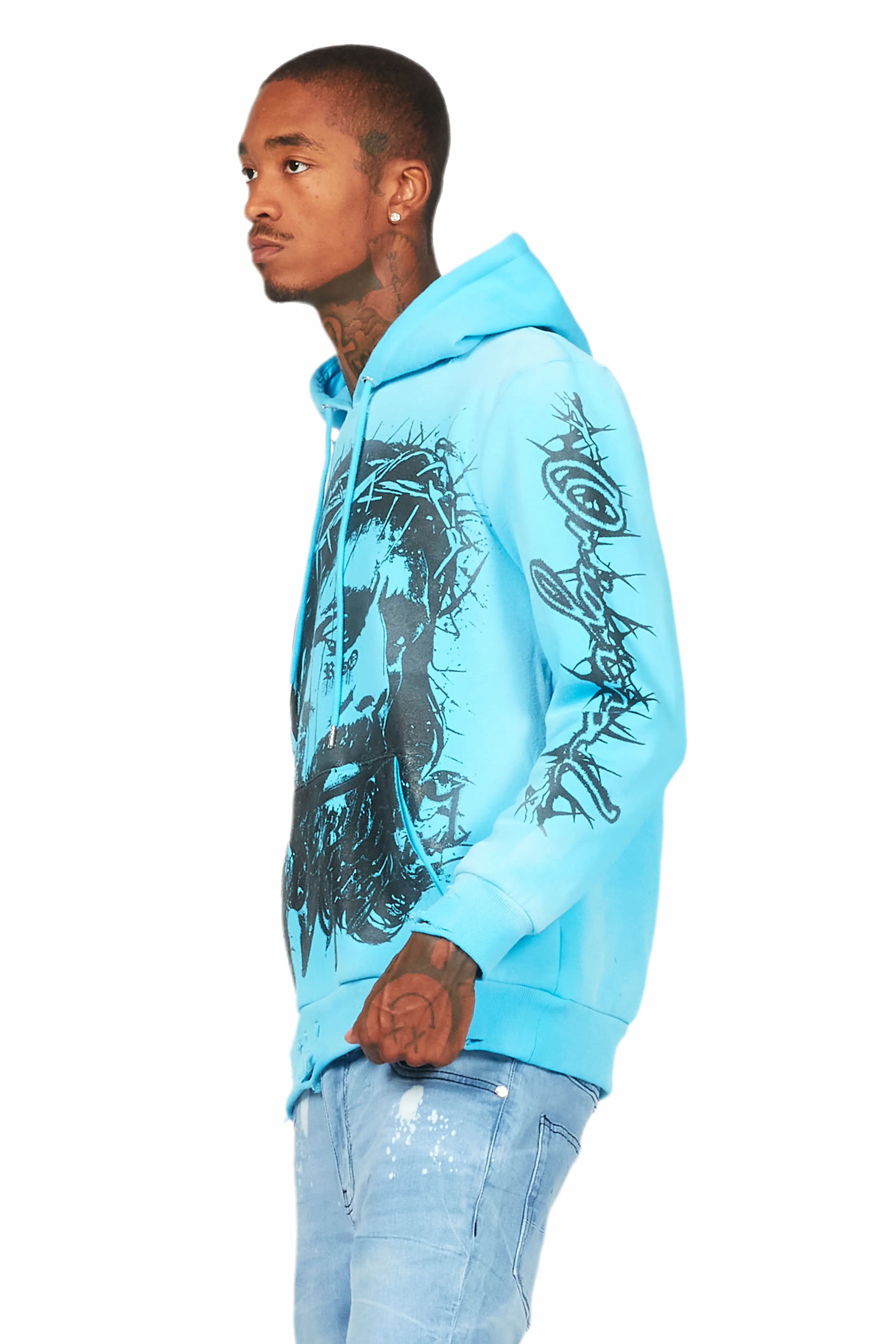 Bedros Blue Graphic Distressed Hoodie - Image 5