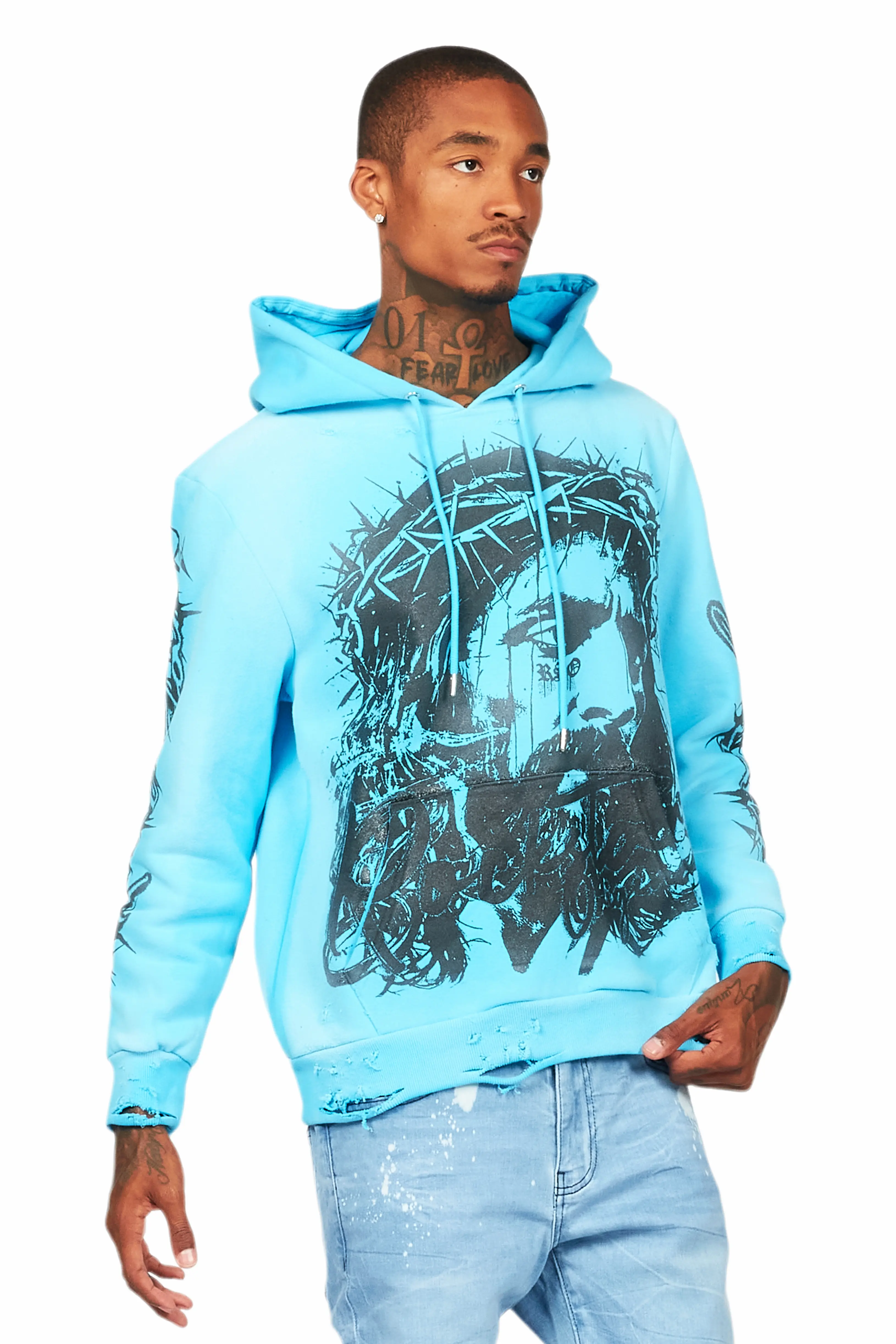 Bedros Blue Graphic Distressed Hoodie - Image 6
