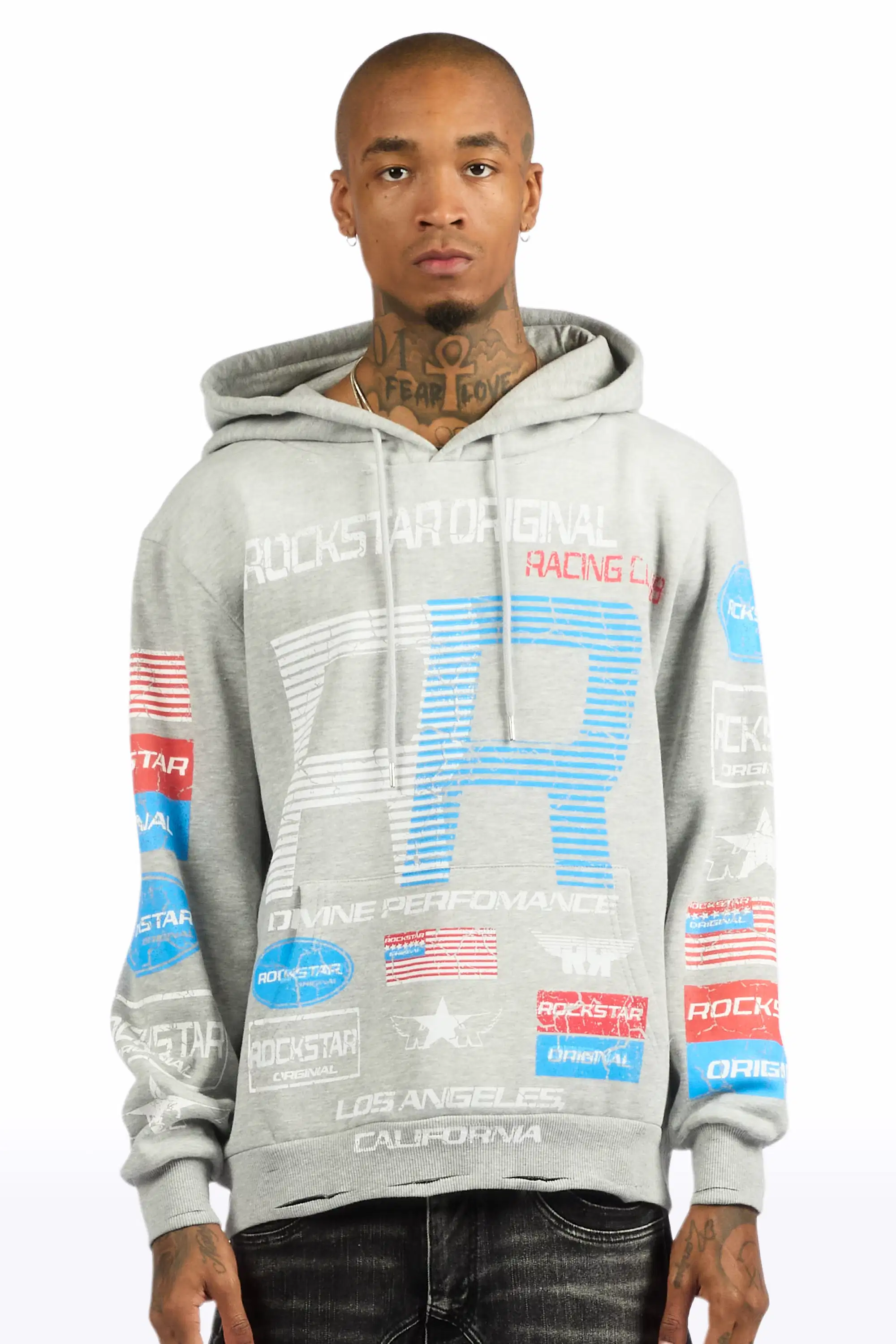 Rso Racing Club Heather Grey Distressed Graphic Relaxed Hoodie - Image 2